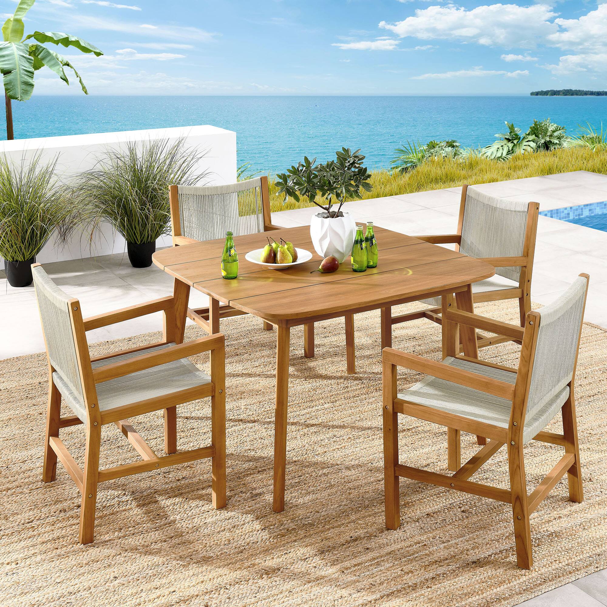 Vienna 5-Piece Outdoor Patio Teak and Rope Dining Set with Armchairs by Modway - Natural Natural