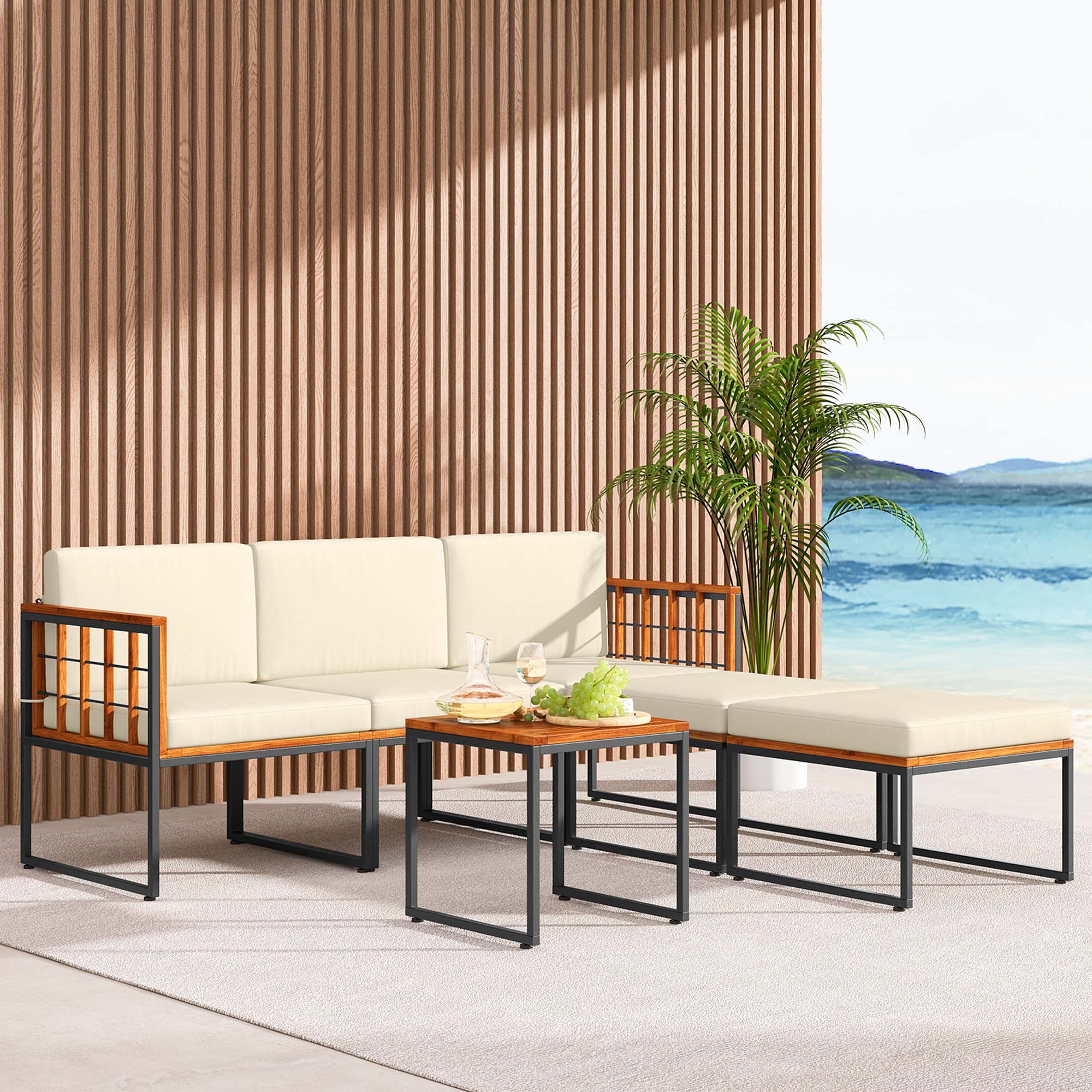 Alt View 1. Costway - 6 PCS Acacia Wood Patio Furniture Set Outdoor Sectional Conversation Sofa Set - Natural + Black + Beige.