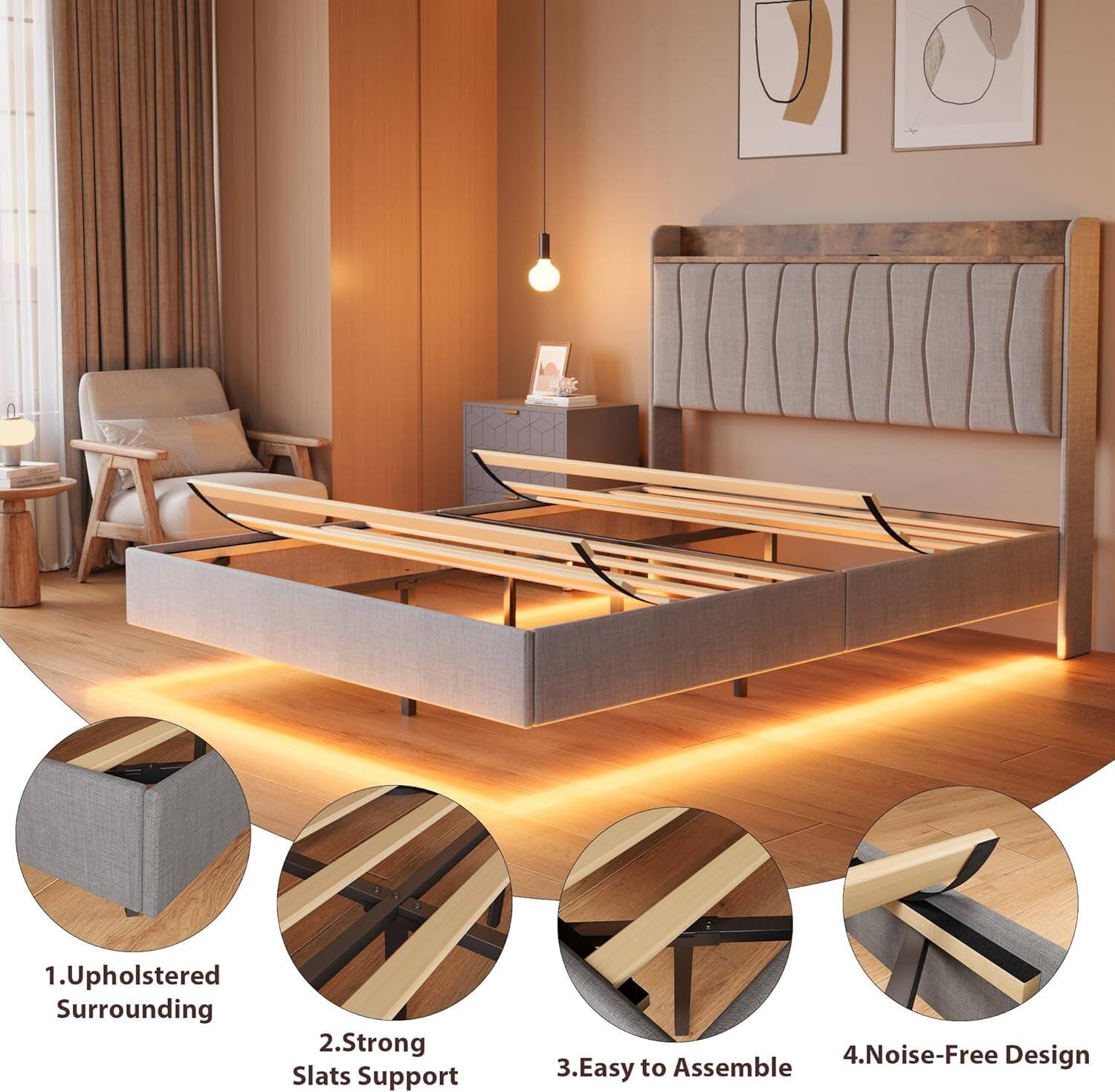 1. Upholstered Surrounding  
2. Strong Slats Support  
3. Easy to Assemble  
4. Noise-Free Design