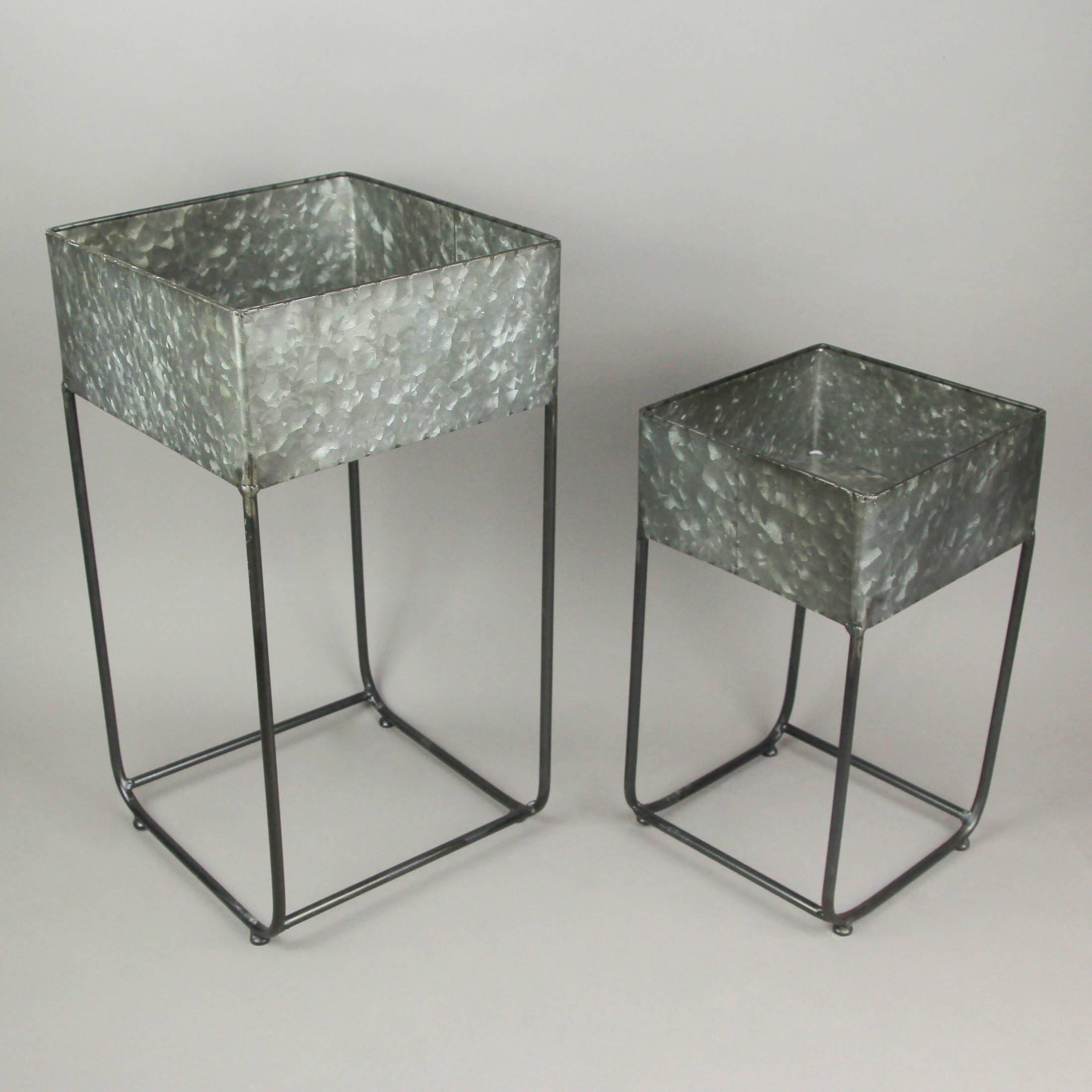 Alt View 3. Zeckos - Set of 2 Galvanized Zinc Finish Square Metal Planters On Stands - Grey.