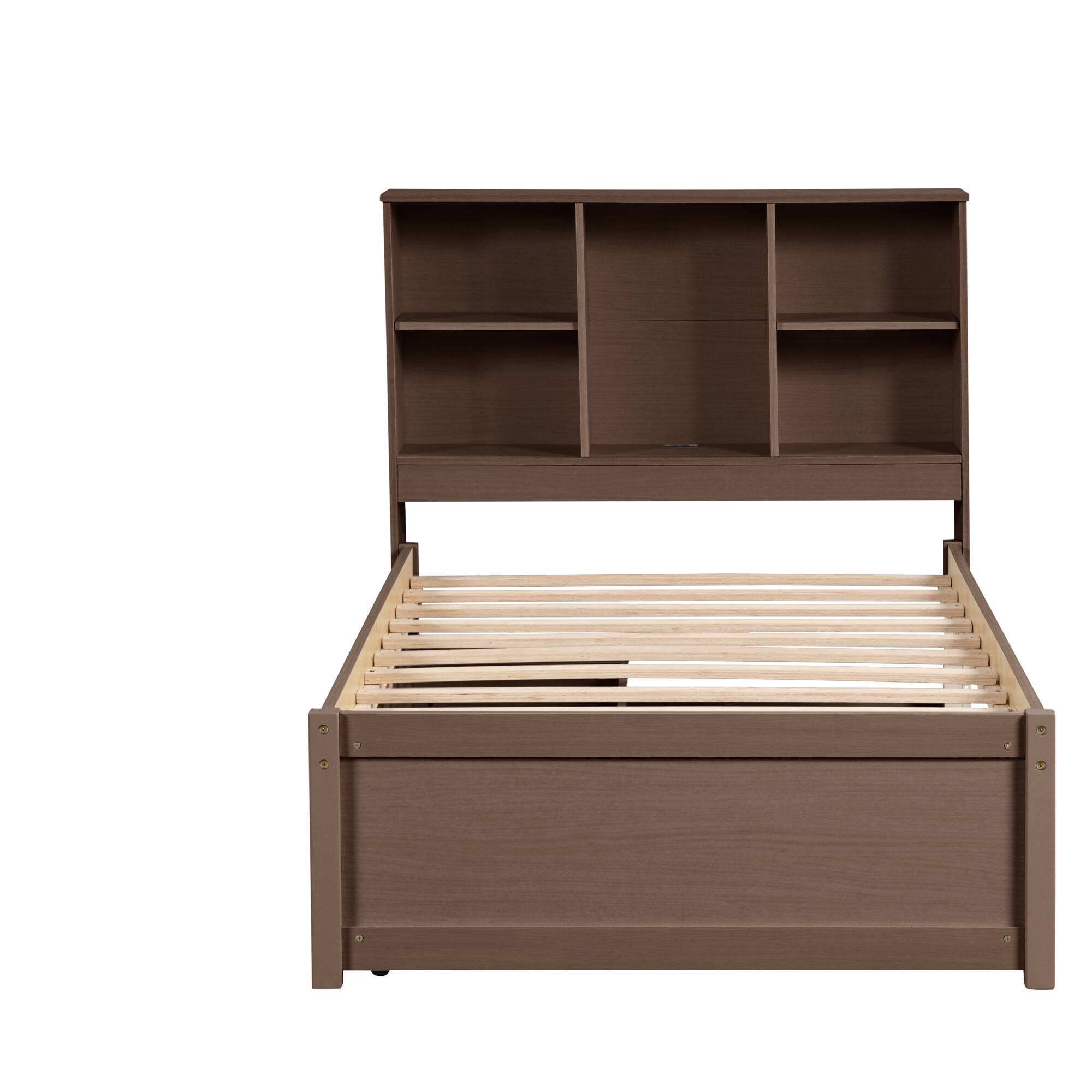 Alt View 4. GOODSILO - Contemporary Twin Size Bed Frame with USB Charging Port, Bookcase Headboard, and Underbed Storage Drawers - Walnut.