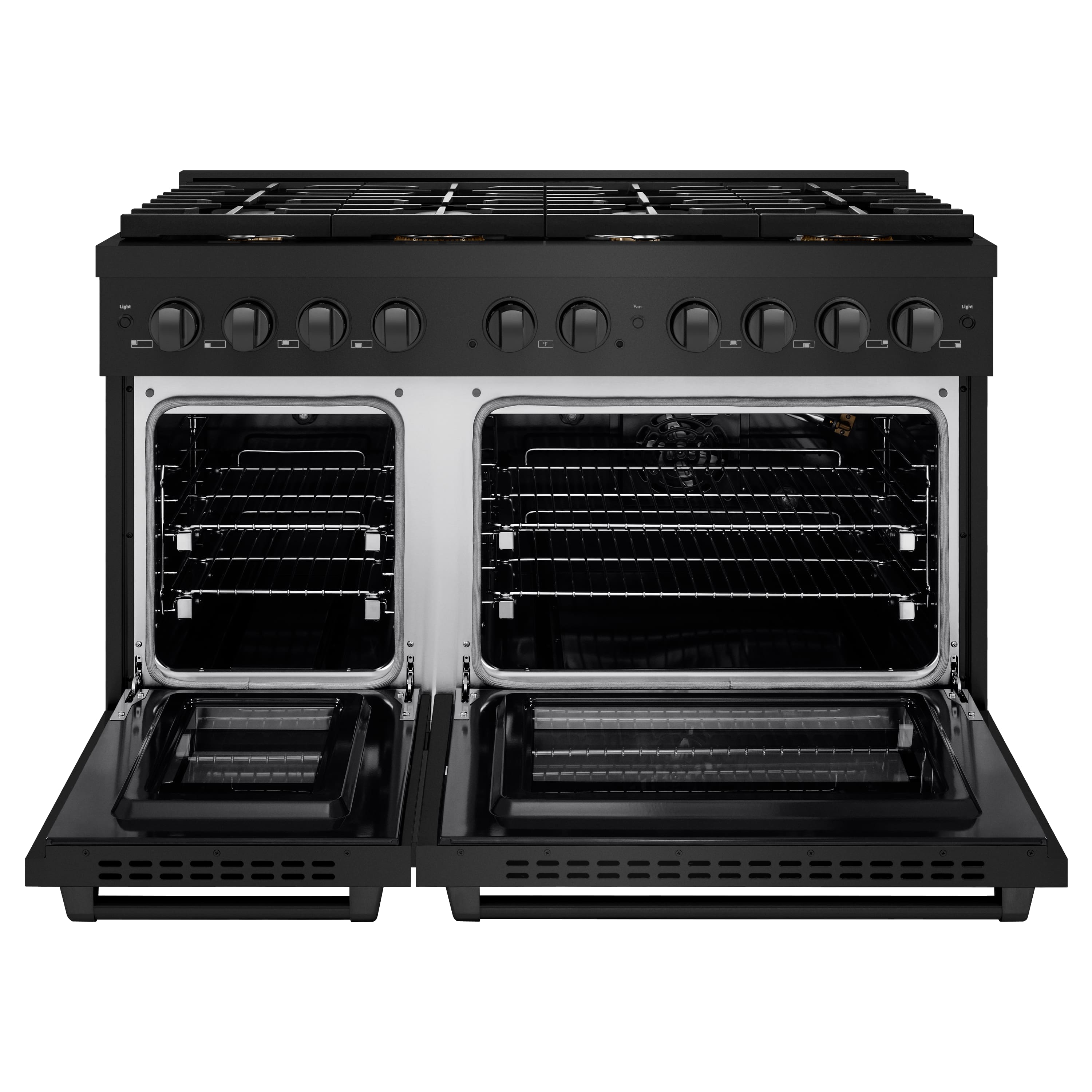 Angle. ZLINE - 48" Paramount Double Oven Gas Range in Black Stainless w/ 8 Brass Burners (SGRB-BR-48) - Black Stainless Steel.