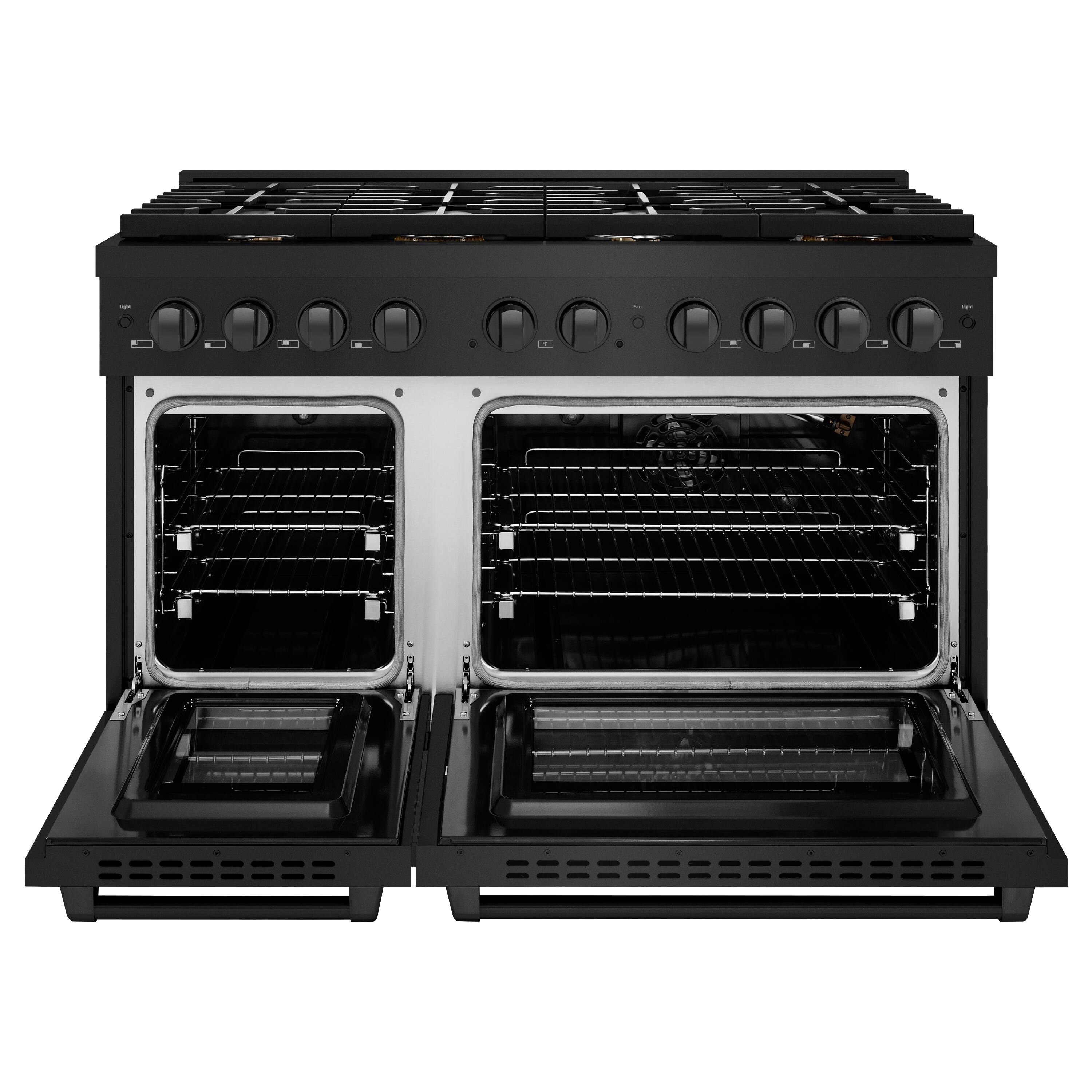 Angle. ZLINE - 48" Paramount Double Oven Gas Range in Black Stainless w/ 8 Brass Burners (SGRB-BR-48) - Black Stainless Steel.