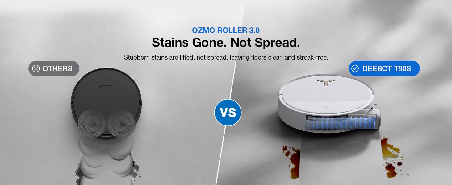 X OTHERS

OZMO ROLLER 3.0
Stains Gone. Not Spread.
Stubborn stains are lifted, not spread, leaving floors clean and streak-free.

VS

DEEBOT T90S