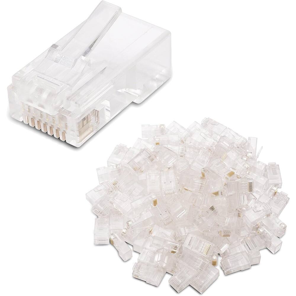 Front. ACJPR - Cat6 RJ45 Modular Plugs, Gold-Plated, 100-Pack.
