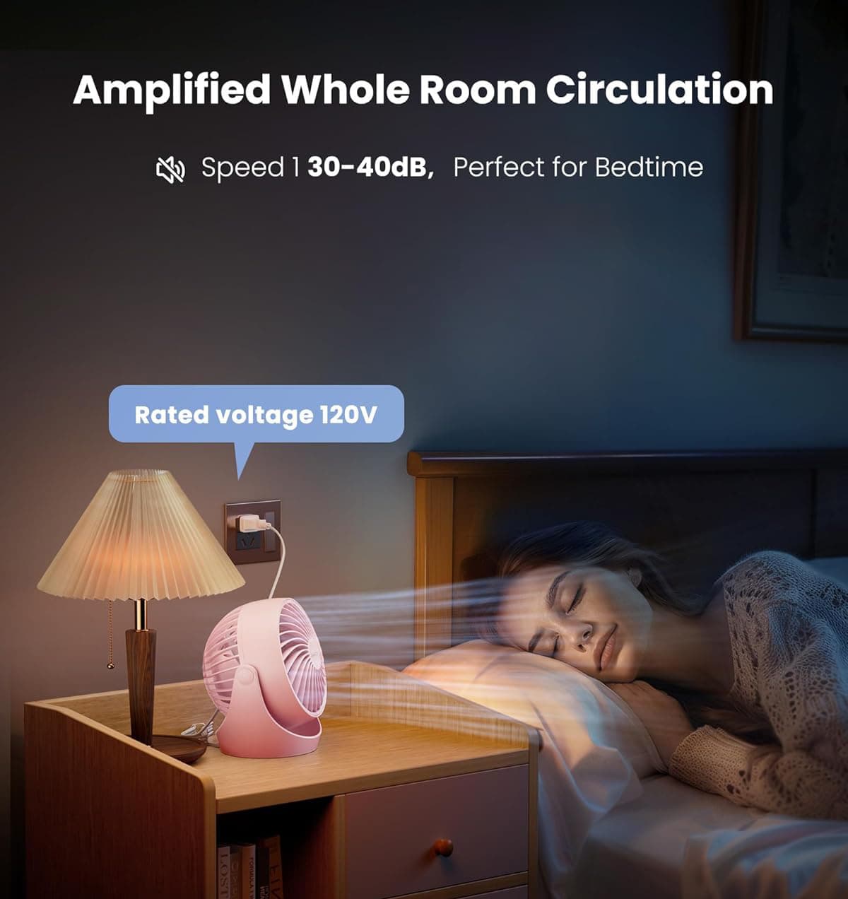 Amplified Whole Room Circulation  
Speed 1 30-40dB, Perfect for Bedtime  
Rated voltage 120V