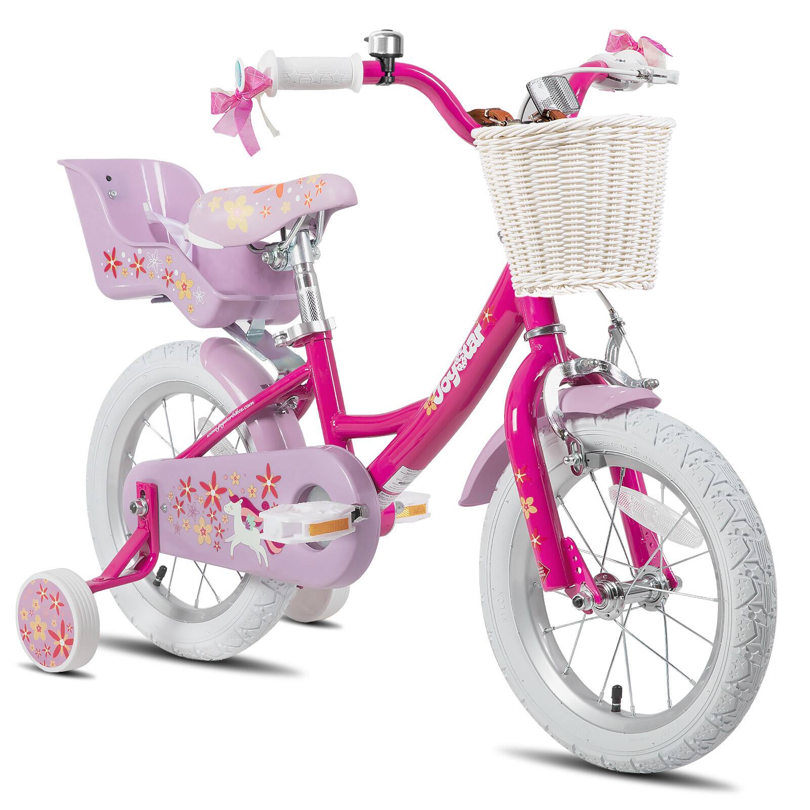 JOYSTAR - Unicorn 14 Inch Kids Bike for Girls Ages 3-5, Toddler Bicycles with Training Wheels & Basket, Doll Seat - Fuchsia