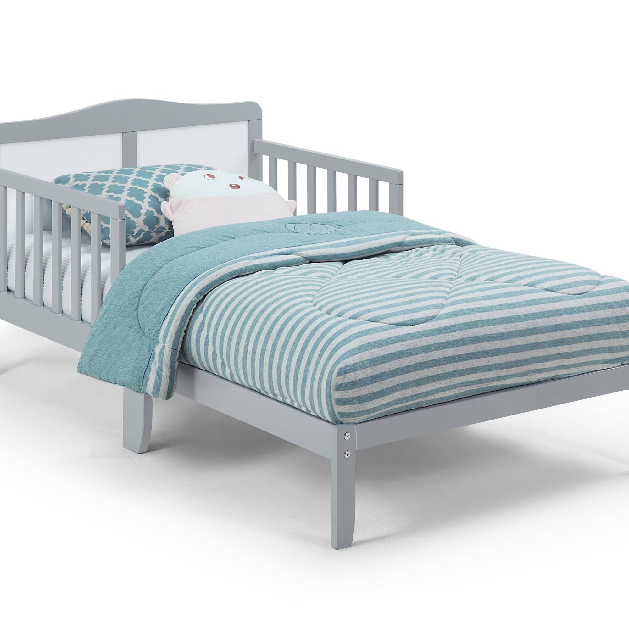 Angle. GOODSILO - Solid Wood Toddler Bed with Safety Rails and Low-Profile Design for Secure Sleeping Environment - Light Gray.