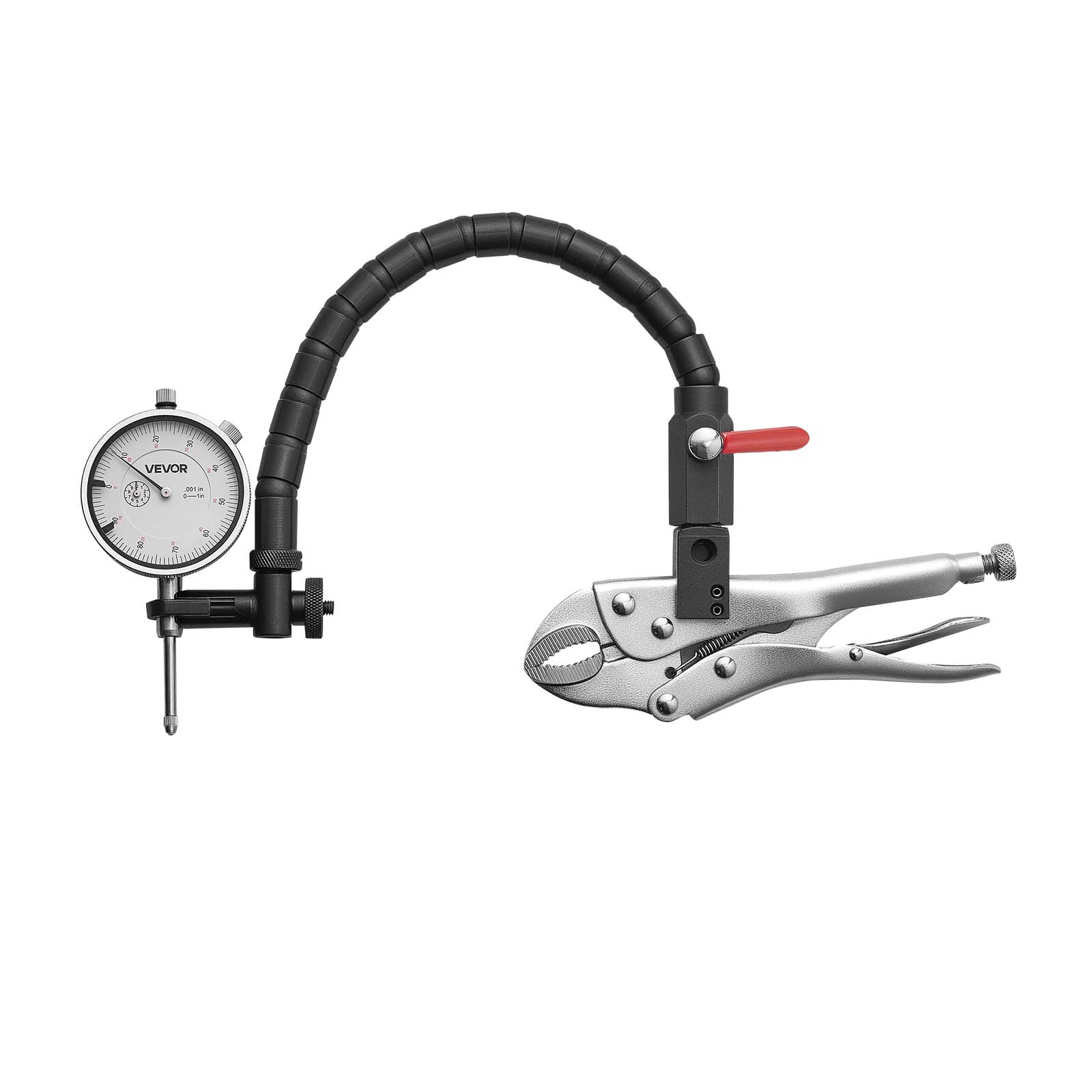 Alt View 5. VEVOR - Dial Test Indicator with 360-Degree Flexible Arm and 360-Degree Locking Pliers, 0.001 inch Accuracy, 0-1 inch Range - White+Sliver+Black.
