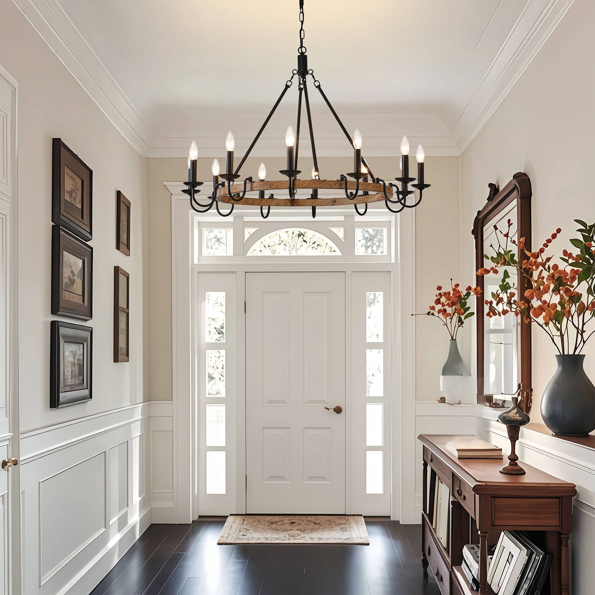 Alt View 1. RYHNUYNE - BAOURE 12-Light Rustic Wagon Wheel Chandelier,Farmhouse Dining Room Light Fixture,Round Wood Chandelier for Living Room - Black.