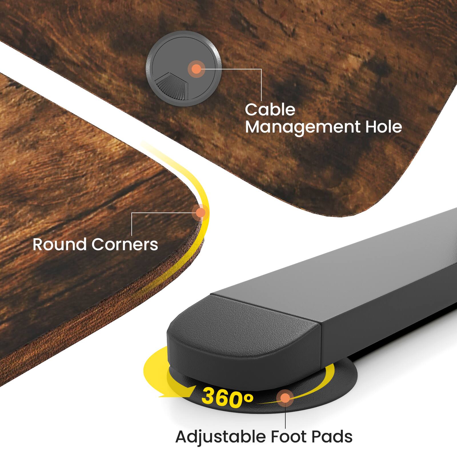Cable Management Hole, Round Corners, 360° Adjustable Foot Pads