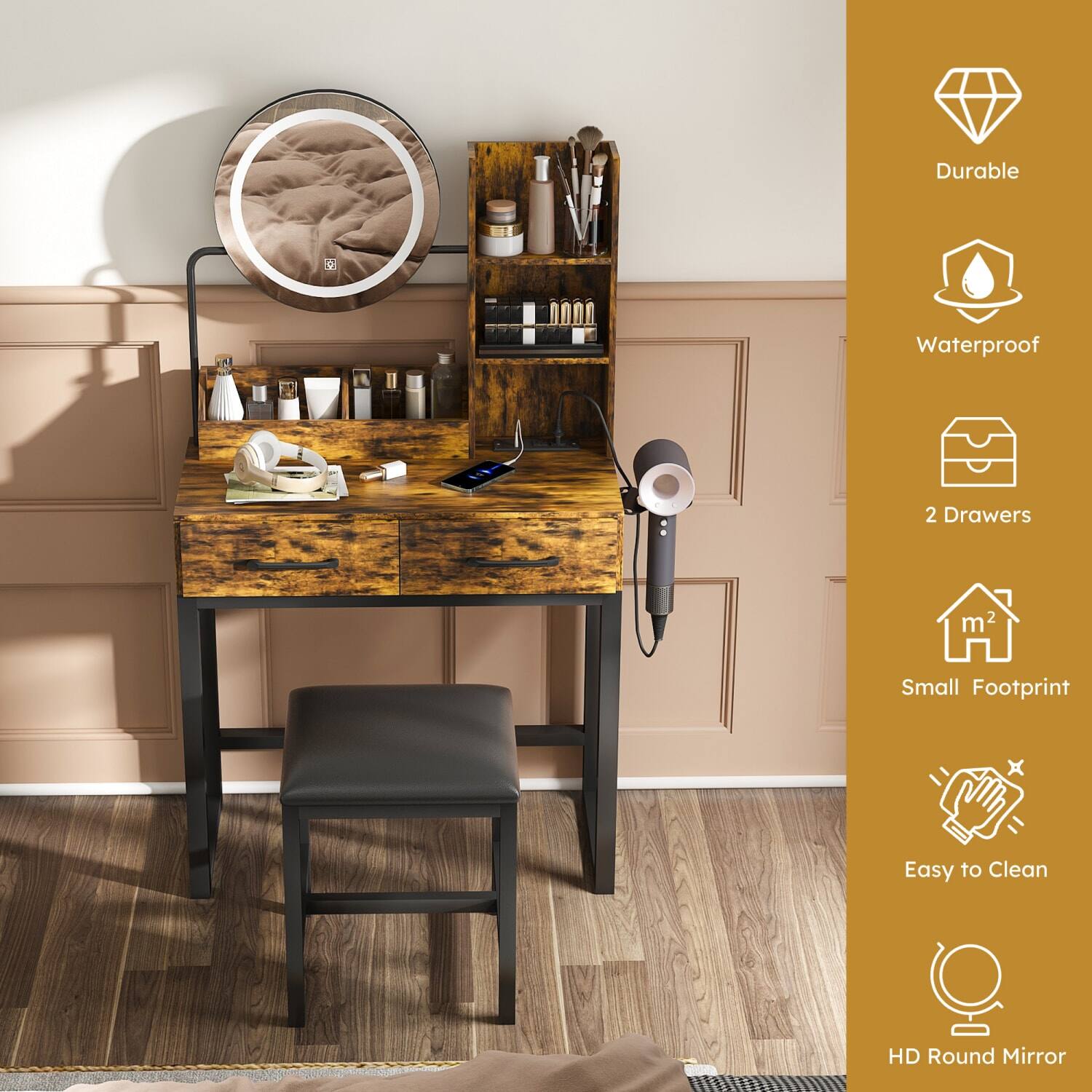 - Durable
- Waterproof
- 2 Drawers
- Small Footprint
- Easy to Clean
- HD Round Mirror