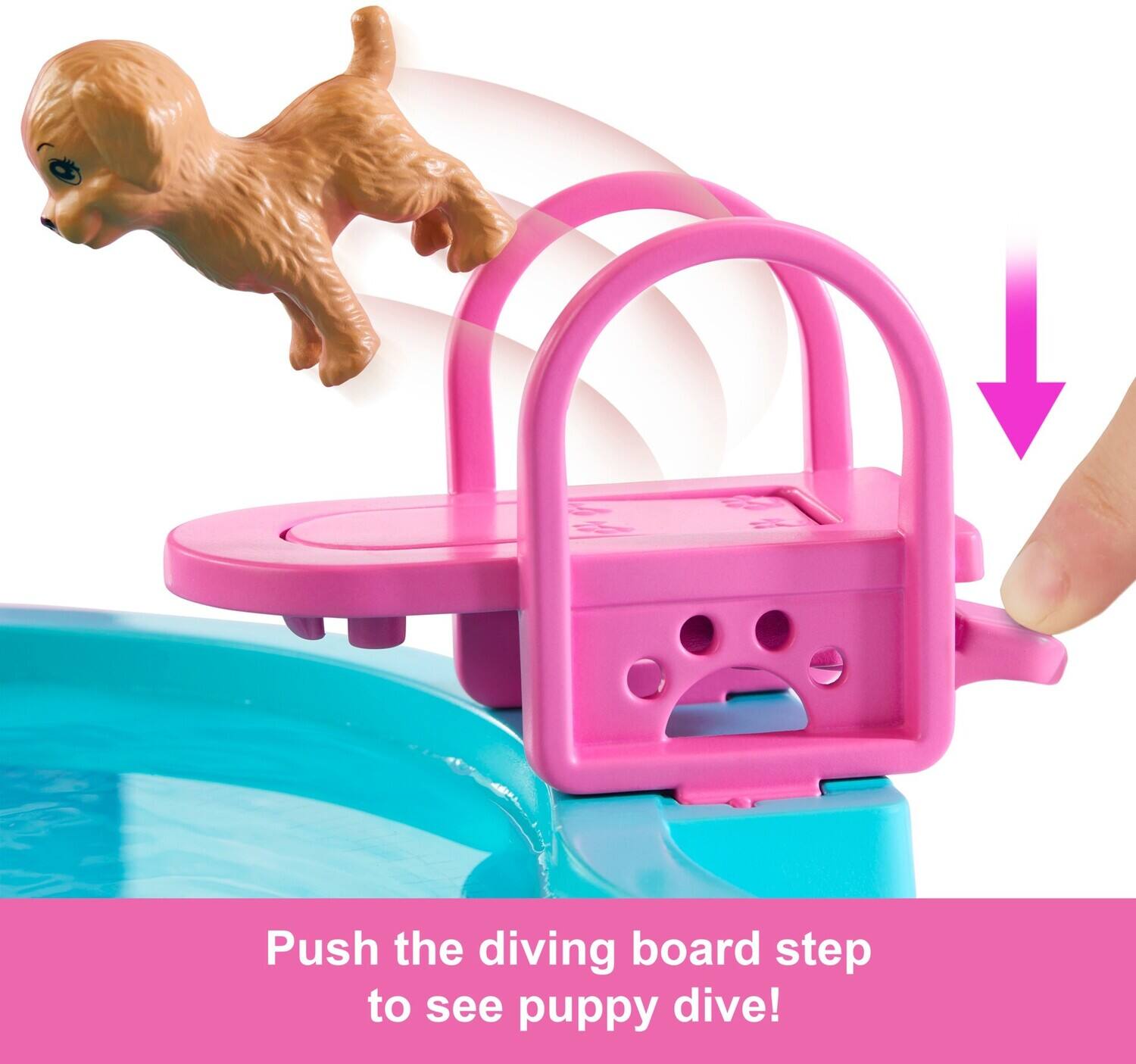 Push the diving board step to see puppy dive!