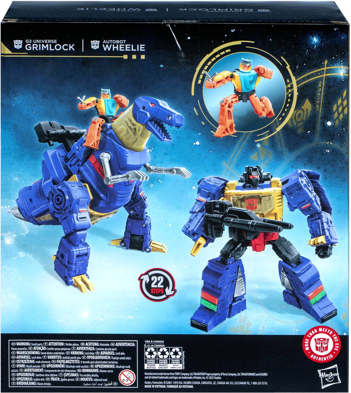 The text on the image is a warning label for a toy. Here is the corrected and grouped text:

---

**WARNING: Small parts.**

**ATTENTION: Petits pièces.**

**ACHTUNG: Kleine Teile.**

**ADVERTENCIA: Piezas pequeñas.**

**AVERTENZA: Contiene piccoli elementi.**

**WAARSCHUWING: Klein onderdelen.**

**VARNING: Små delar.**

**ADVARSEL: -**

**AVARSEL: -**

**UPPOZORNIENIE: -**

**SPJIMAS: -**

**FIGYELMEZTETES: -**

**UPOZORNENIE: -**

**UPOZORILO: -**

**ENCART: -**

**MACHTEL: -**

**AVERTISMENT: -**

**Numa: -**

**UPOZORENJE: -**

**SPJIMAS: -**

**Manufactured by Hasbro Inc.**

**Company at Takara Tomy**

**Made in China**

---

This text is repeated in multiple languages, warning about small parts that could be a choking hazard.