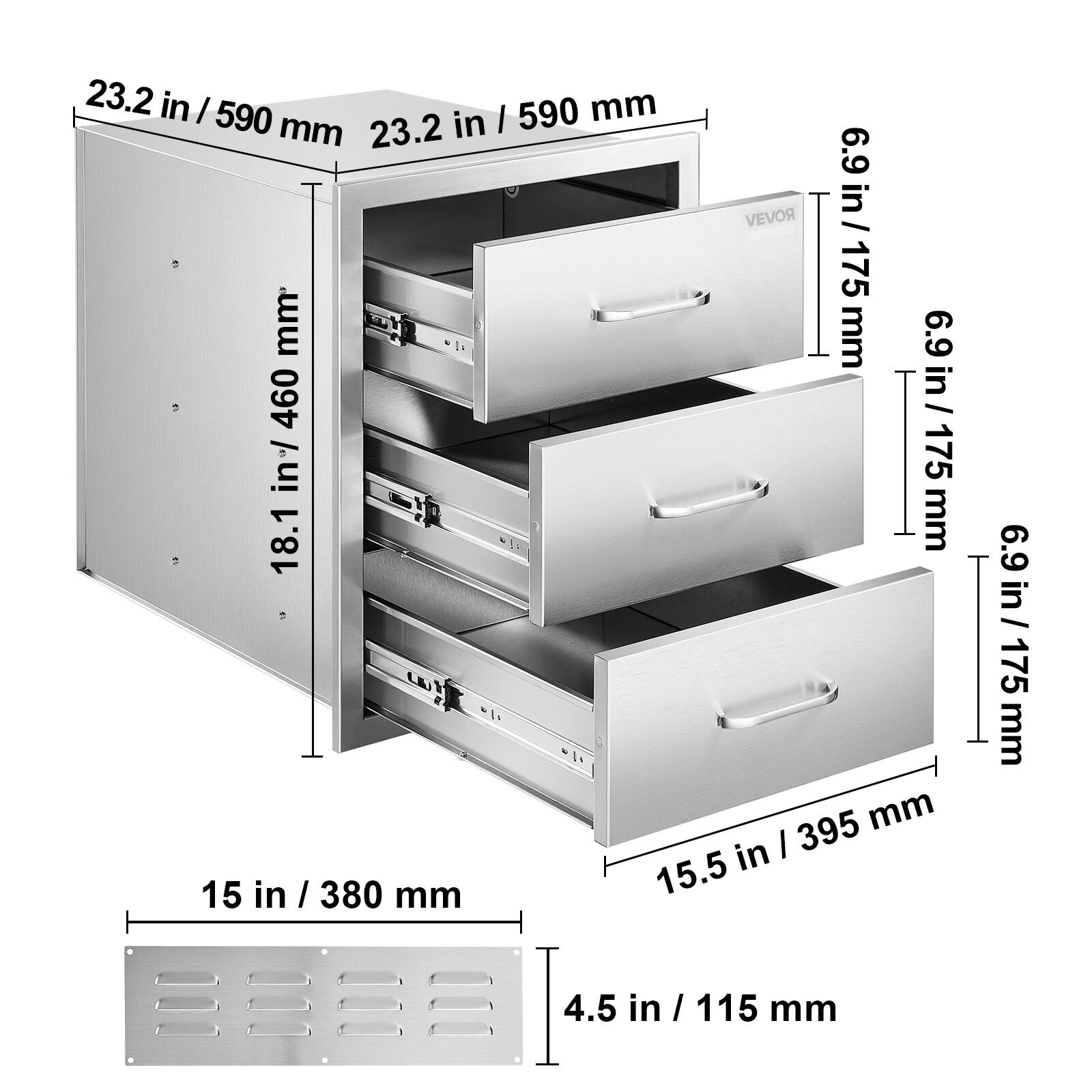 23.2 in / 590 mm  
18.1 in / 460 mm  
6.9 in / 175 mm  
15.5 in / 395 mm  
15 in / 380 mm  
4.5 in / 115 mm