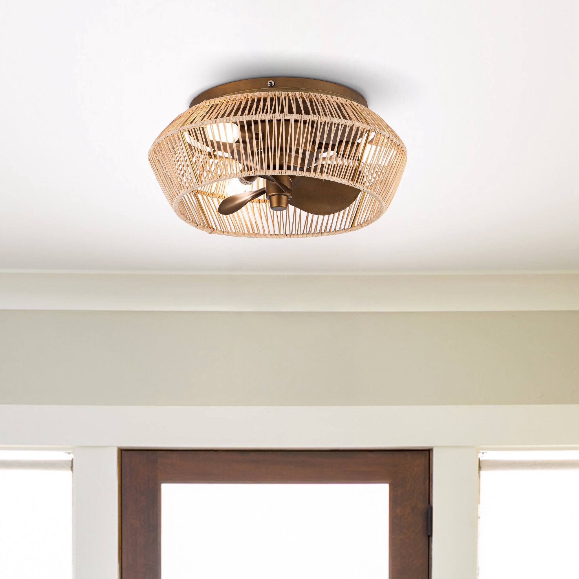 Angle. Parrot Uncle - 13.5" Brushed Bronze Cage Low Profile Ceiling Fan with Lights - Bronze.