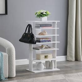 Loheer - 7 Tier Vertical Shoe Rack with Hooks Particle Board - White