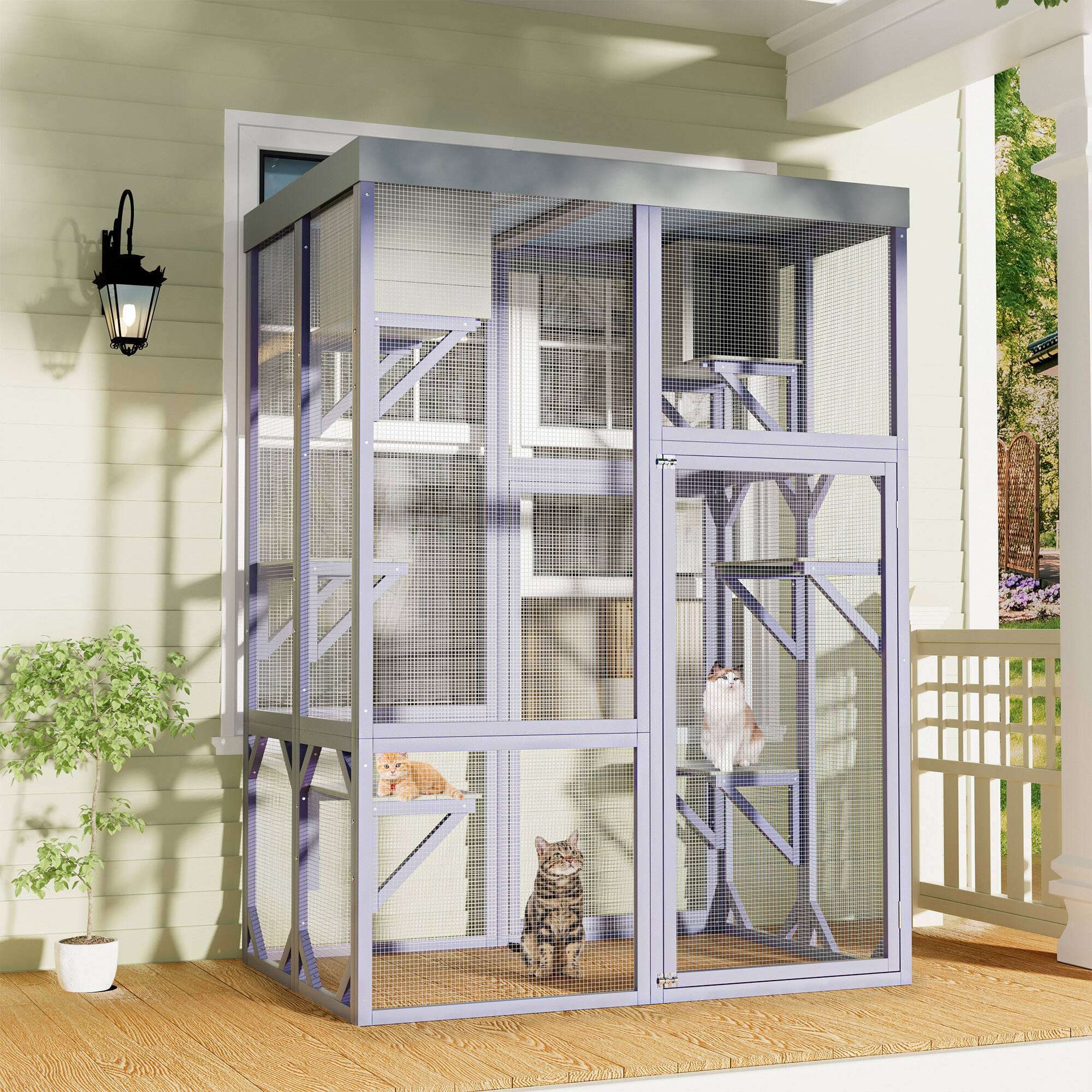 Front. Siljoy - Outdoor Catio with Waterproof Fabric, 4 Platforms & 2 Napping Houses, Galvanized Mesh Cat House.