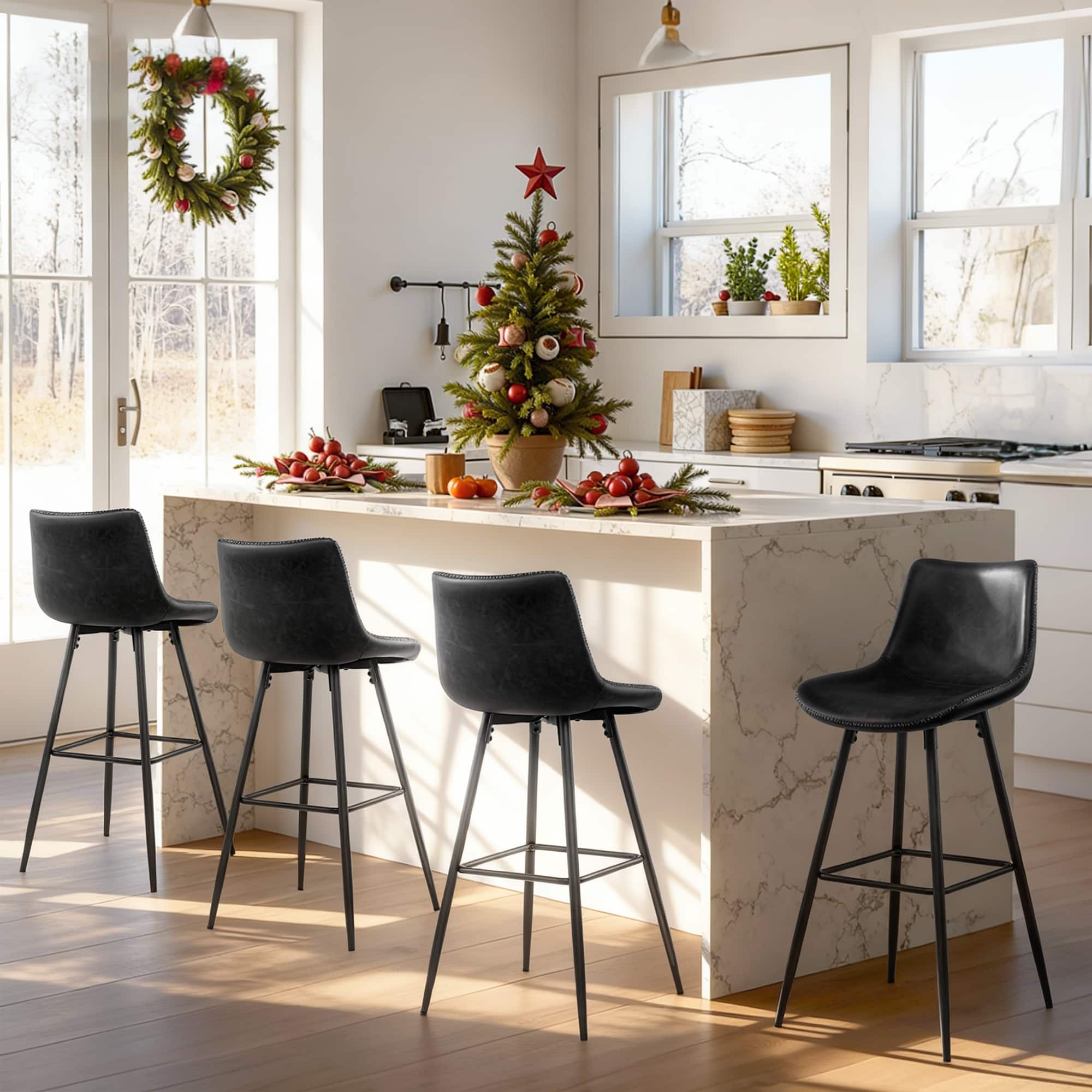 KERDOM - 4pcs Bar Stools with Back, 24/28 inches Height Counter Bar Chair, PU Leather Armless Kitchen Island High Dining Chair - 24‘’ Height - Black