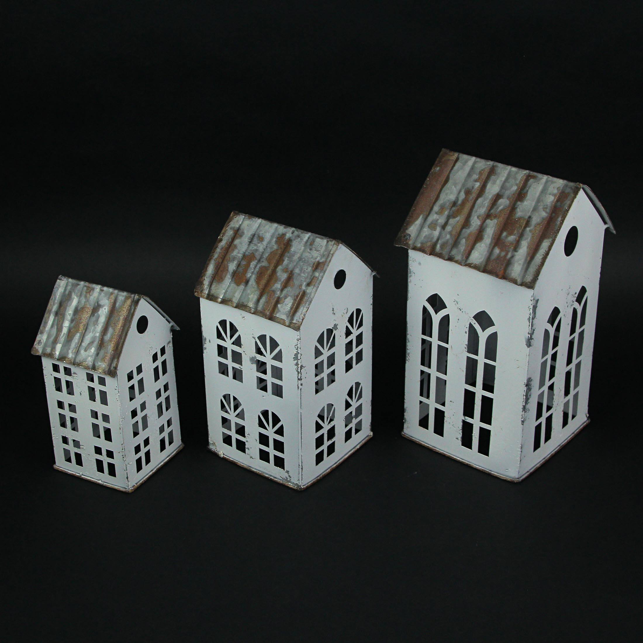 Alt View 3. Zeckos - Set of 3 Rustic Country Farmhouse White Metal House Shaped Candle Holders - White.