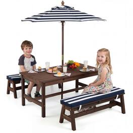 Gymax - Kids Picnic Table Outdoor Wooden Table & Bench Set w/ Removable Umbrella - Blue