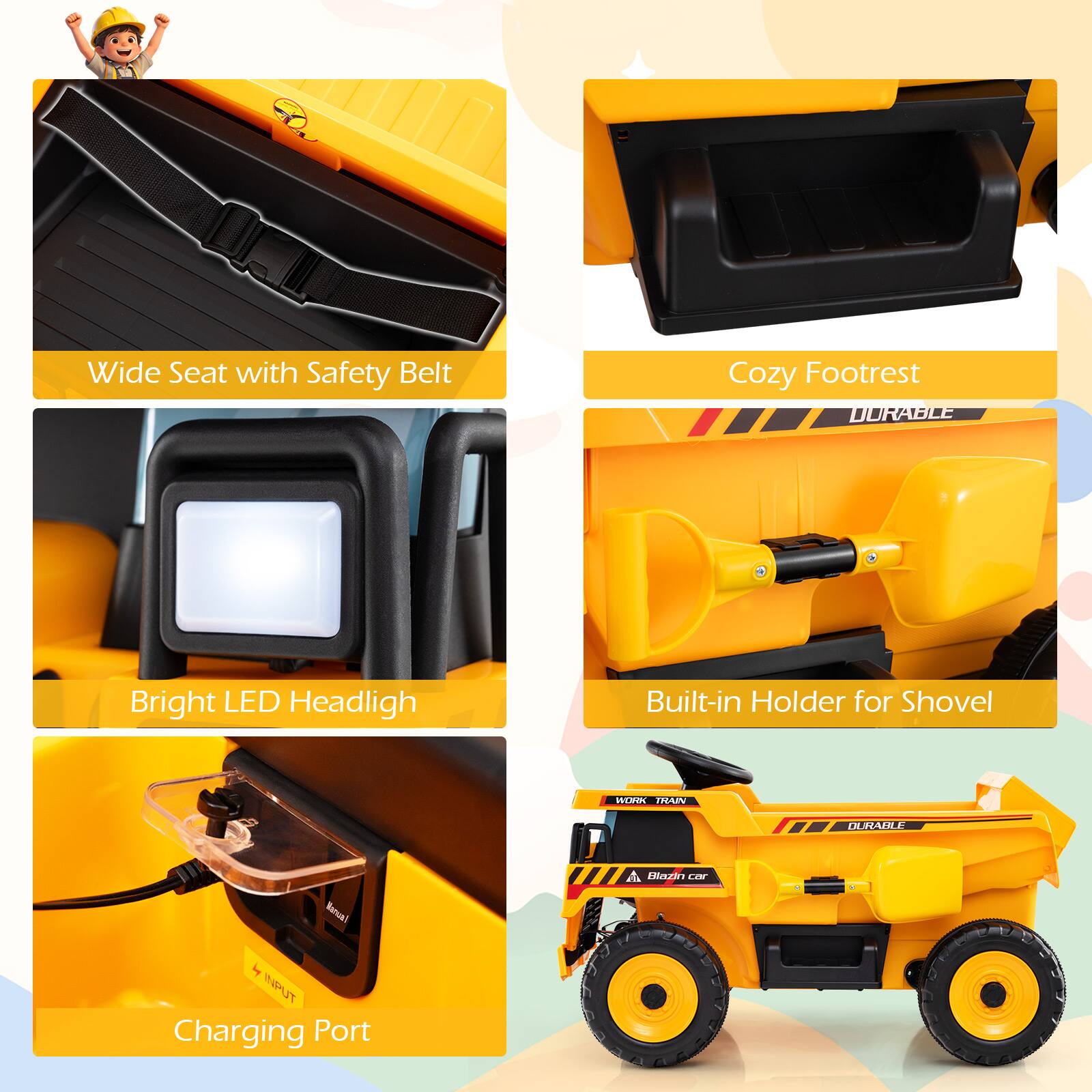Wide Seat with Safety Belt  
Cozy Footrest  
Bright LED Headlight  
Built-in Holder for Shovel  
Charging Port