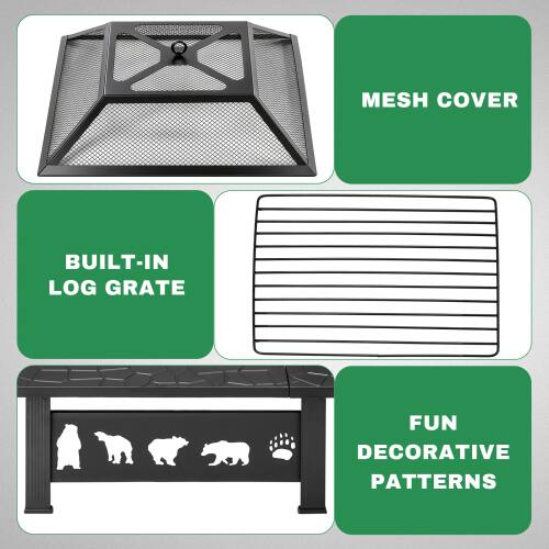 MESH COVER  
BUILT-IN LOG GRATE  
FUN DECORATIVE PATTERNS