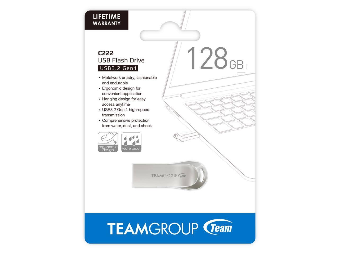 LIFETIME WARRANTY

C222 USB Flash Drive  
USB3.2 Gen1

- Metalwork artistry, fashionable and endurable
- Ergonomic design for convenient application
- Hanging design for easy access anytime
- USB3.2 Gen 1 high-speed transmission
- Comprehensive protection from water, dust, and shock

128 GB

TEAMGROUP  
Team