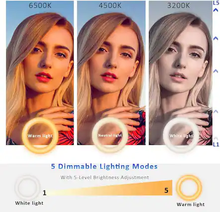 6500K
4500K
3200K
Warm light
Neutral light
White light
5 Dimmable Lighting Modes
With 5-Level Brightness Adjustment
1
White light
5
Warm light