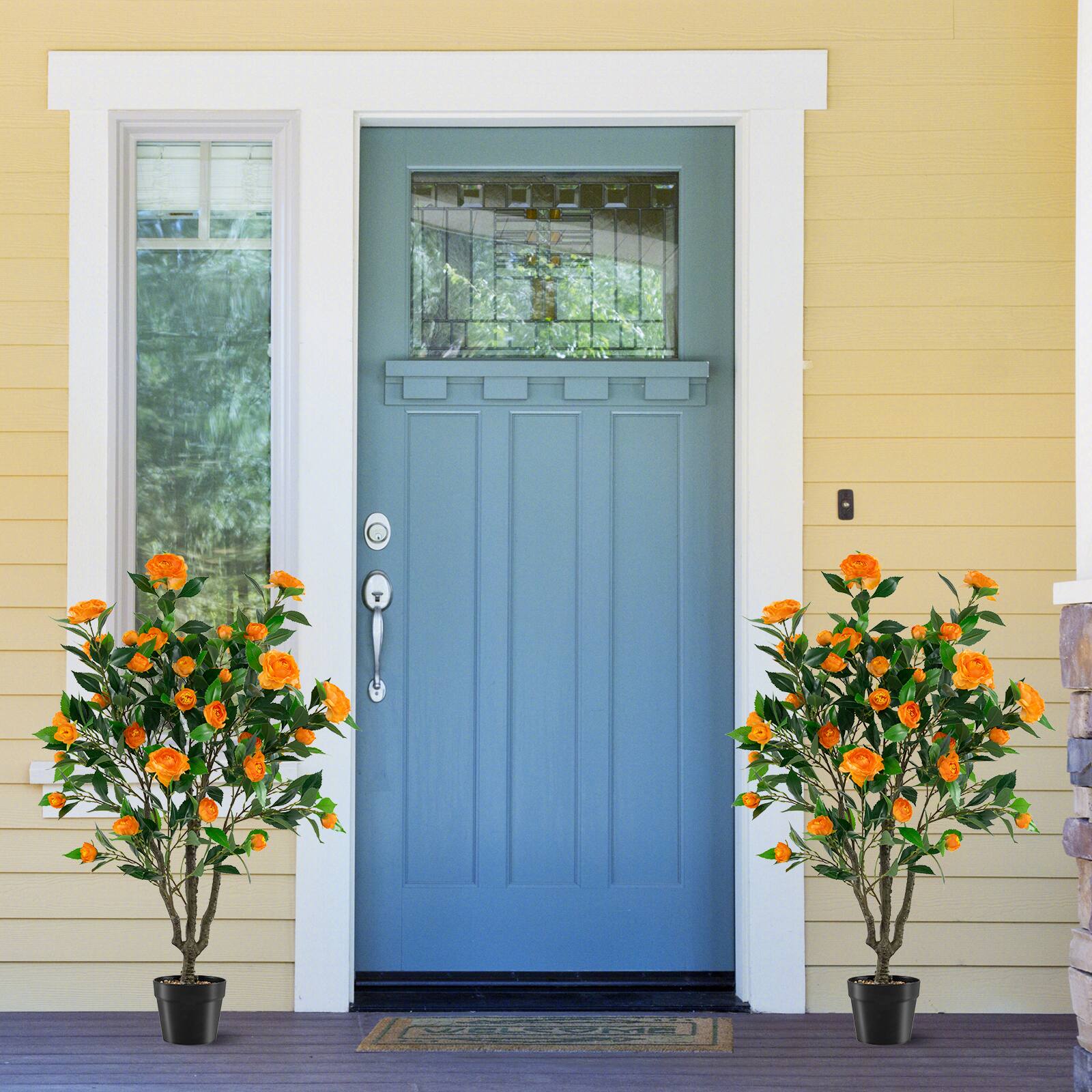 Alt View 1. Costway - Costway 40" Artificial Camellia Tree with 37 Flowers, River Stones for Living Room Front - Orange + Green + Black.