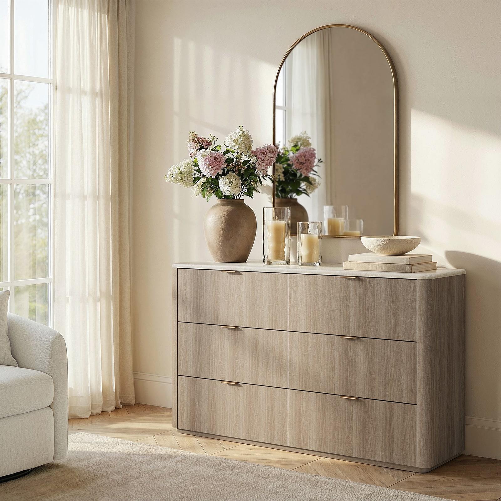 ModernMate - 53.94" Modern 6 Drawers Dresser Faux Travertine Dresser Chest for Bedroom Living Room - Natural Grey