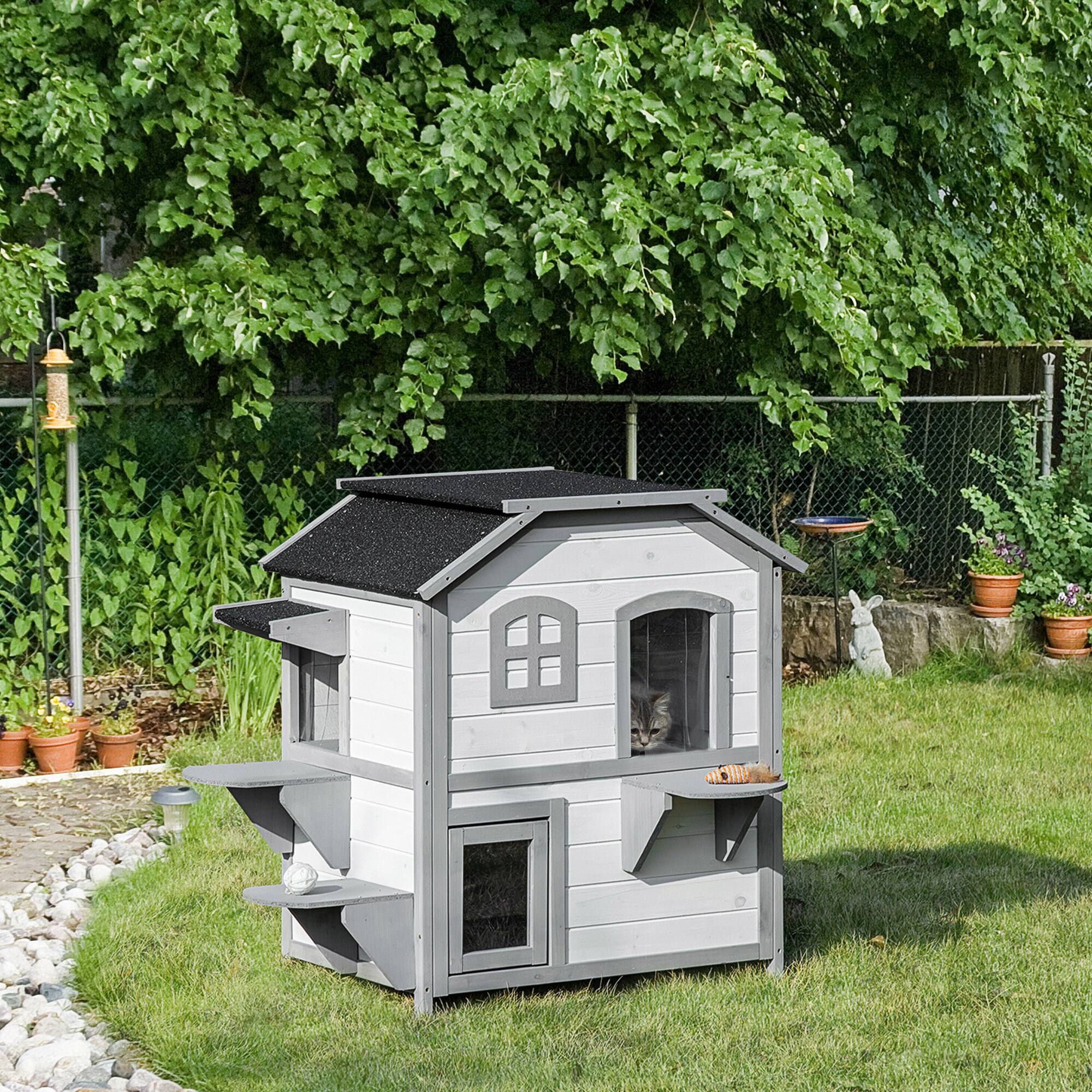Alt View 5. Siljoy - 2‑Story Cat House with Asphalt Roof, Escape Door & Openable Top, Outdoor Catio for 1‑2 Cats.