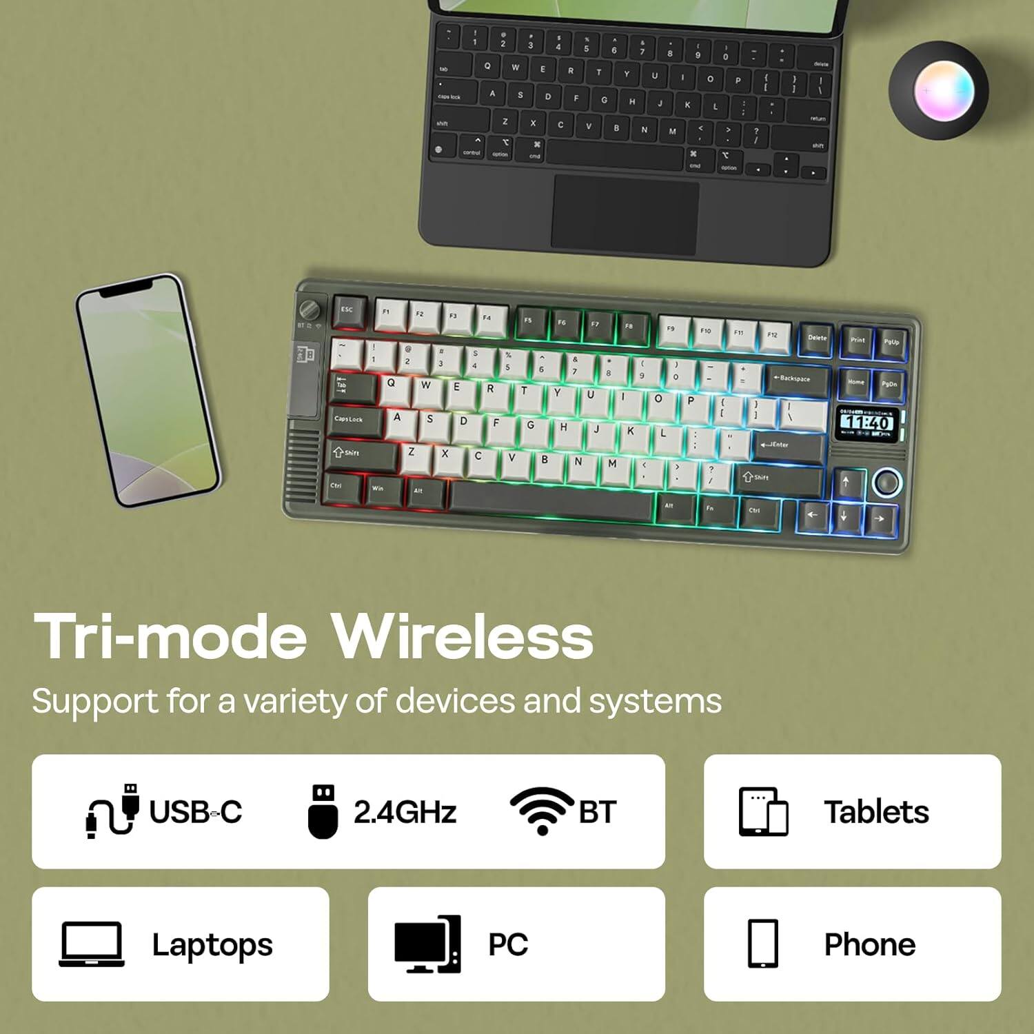 Tri-mode Wireless  
Support for a variety of devices and systems  
USB-C  
2.4GHz  
BT  
Tablets  
Laptops  
PC  
Phone