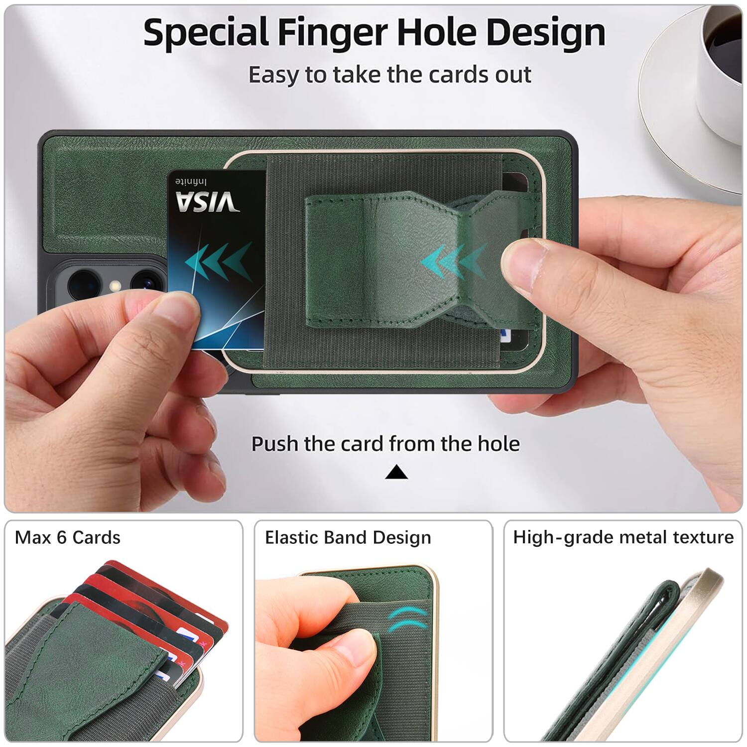 Special Finger Hole Design  
Easy to take the cards out  

Push the card from the hole  

Max 6 Cards  

Elastic Band Design  

High-grade metal texture