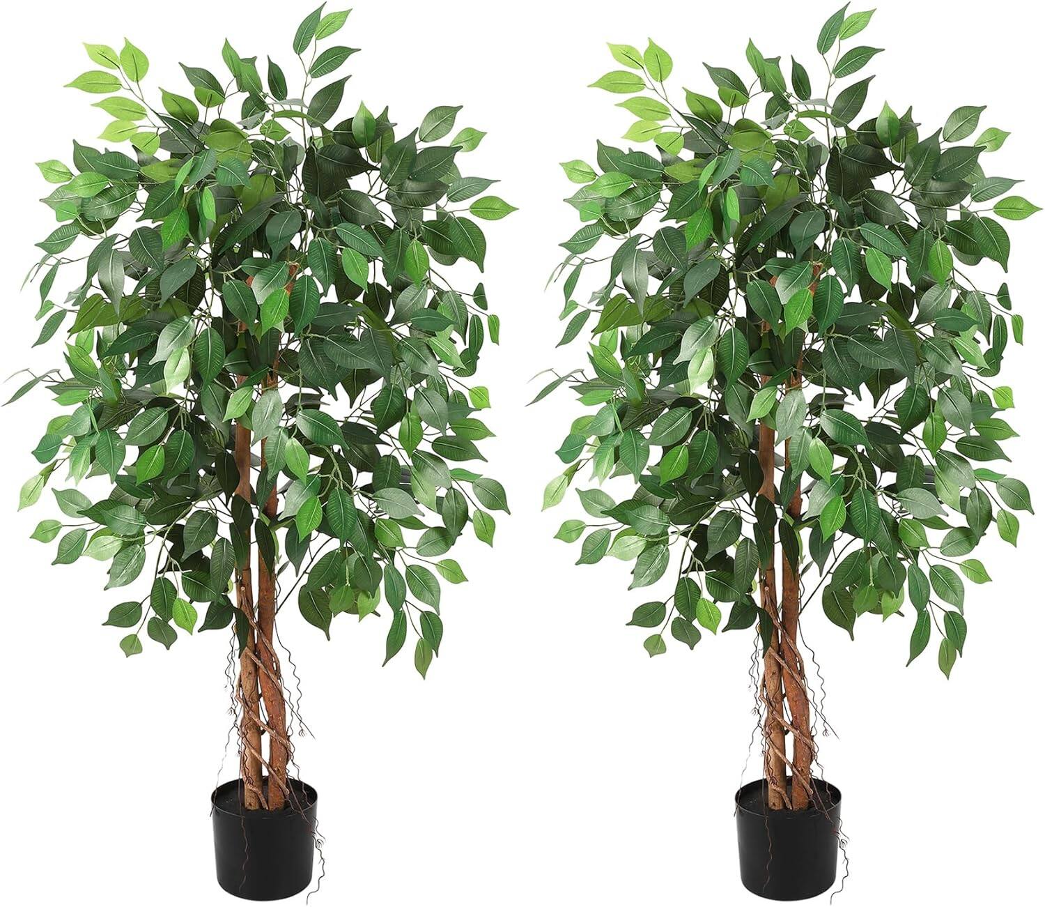 Front. Homhougo - 4FT Faux Ficus Tree Set of 2, Artificial Green Plants with 420 Leaves in Black Pots for Indoor Outdoor Decor - Green.