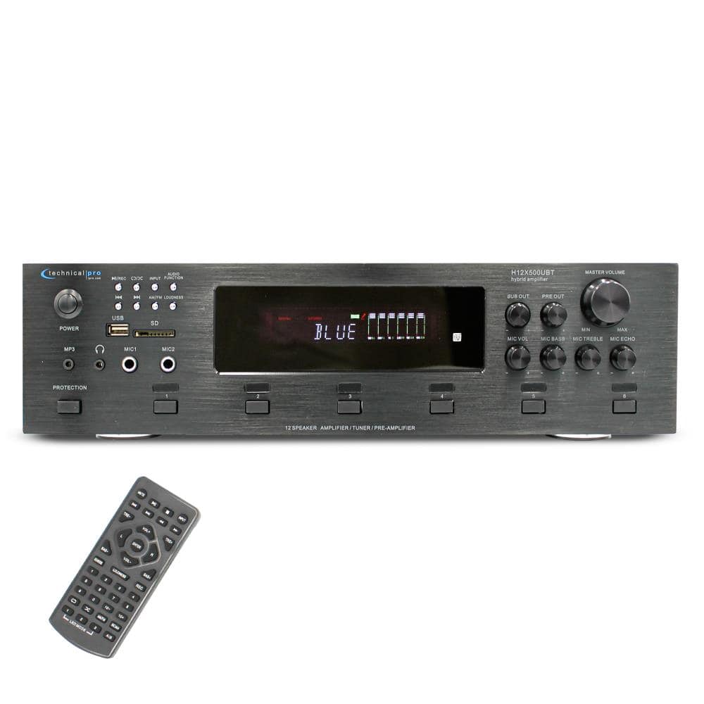 Technical Pro - 6-Zone 6000W Bluetooth Hybrid Amplifier, Speaker USB SD Card Output, 2 Mic Inputs, Recording, LCD Display - Black