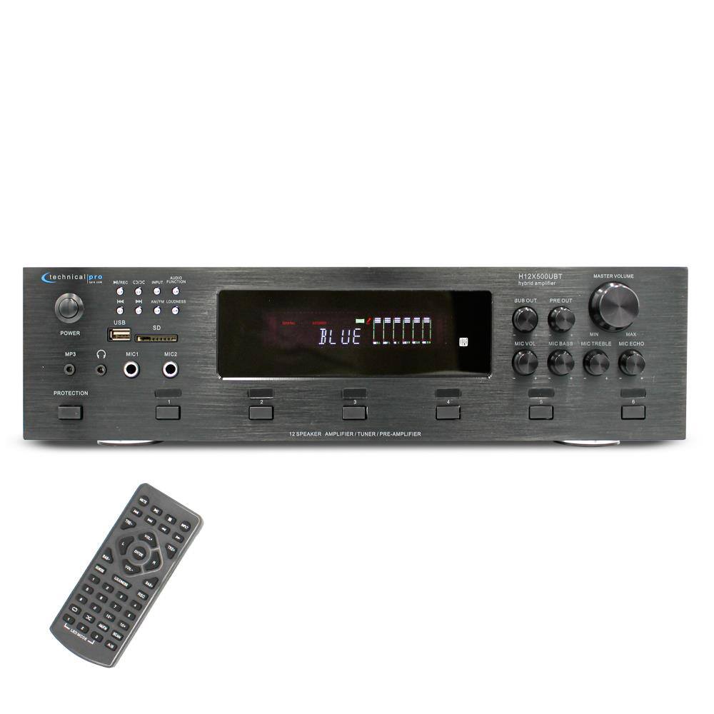 technical pro

KIDO MINGO ** APUT PUNCTION

H12X500UBT hybrid amplifier

MASTER VOLUME

LOUDNESS

SUB OUT

PRE OUT

POWER MP3

USB MIC

MIC1

MIC2

BLUE

MIC VOL

MIC BASS

MIC TREBLE

MIC ECHO

PROTECTION

12 SPEAKER AMPLIFIER TUNER PRE-AMPLIFIER
