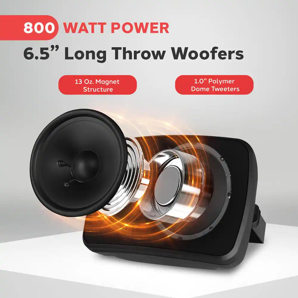 800 WATT POWER  
6.5" Long Throw Woofers  
13 Oz. Magnet Structure  
1.0" Polymer Dome Tweeters