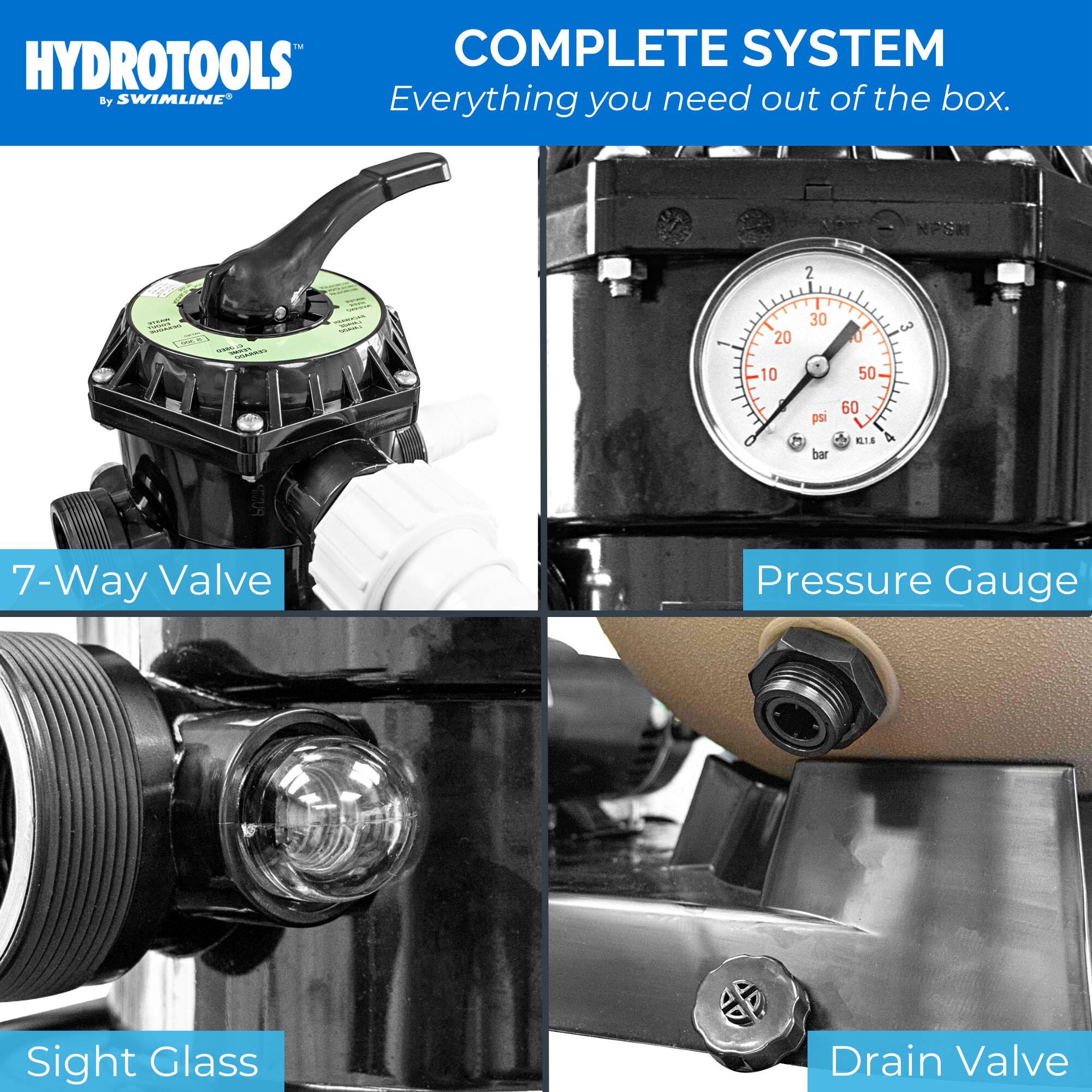 - COMPLETE SYSTEM  
  Everything you need out of the box.

- HYDROTOOLS™ by SWIMLINE®

- 7-Way Valve

- Pressure Gauge

- Sight Glass

- Drain Valve