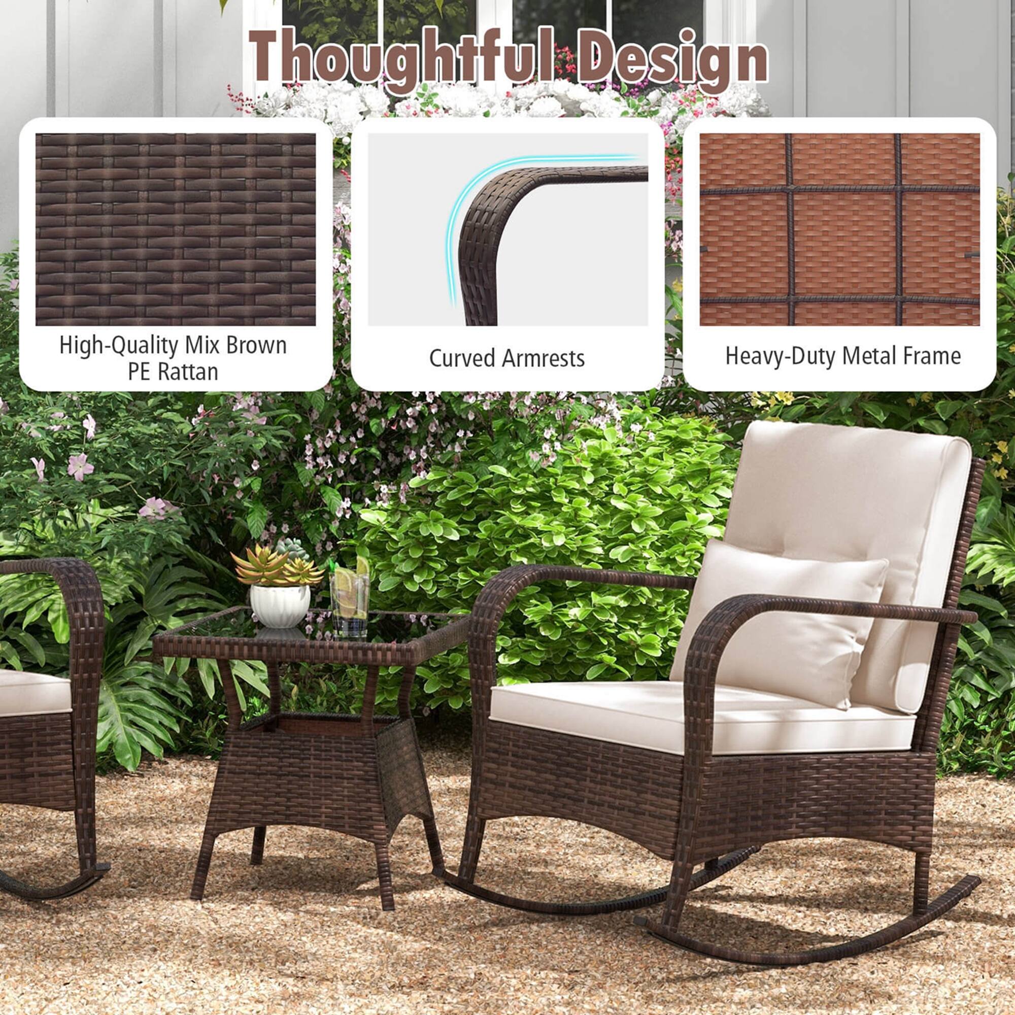 Thoughtful Design

- High-Quality Mix Brown PE Rattan
- Curved Armrests
- Heavy-Duty Metal Frame