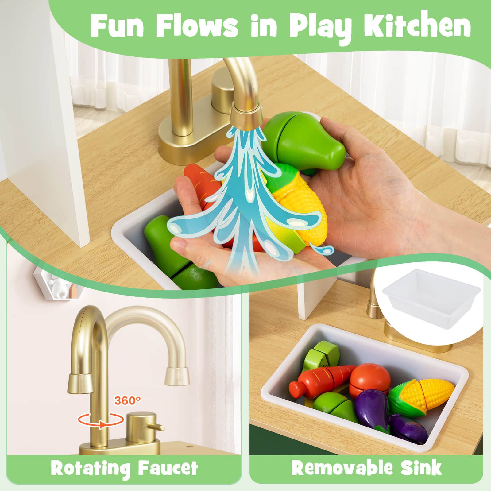 Fun Flows in Play Kitchen

360° Rotating Faucet

Removable Sink