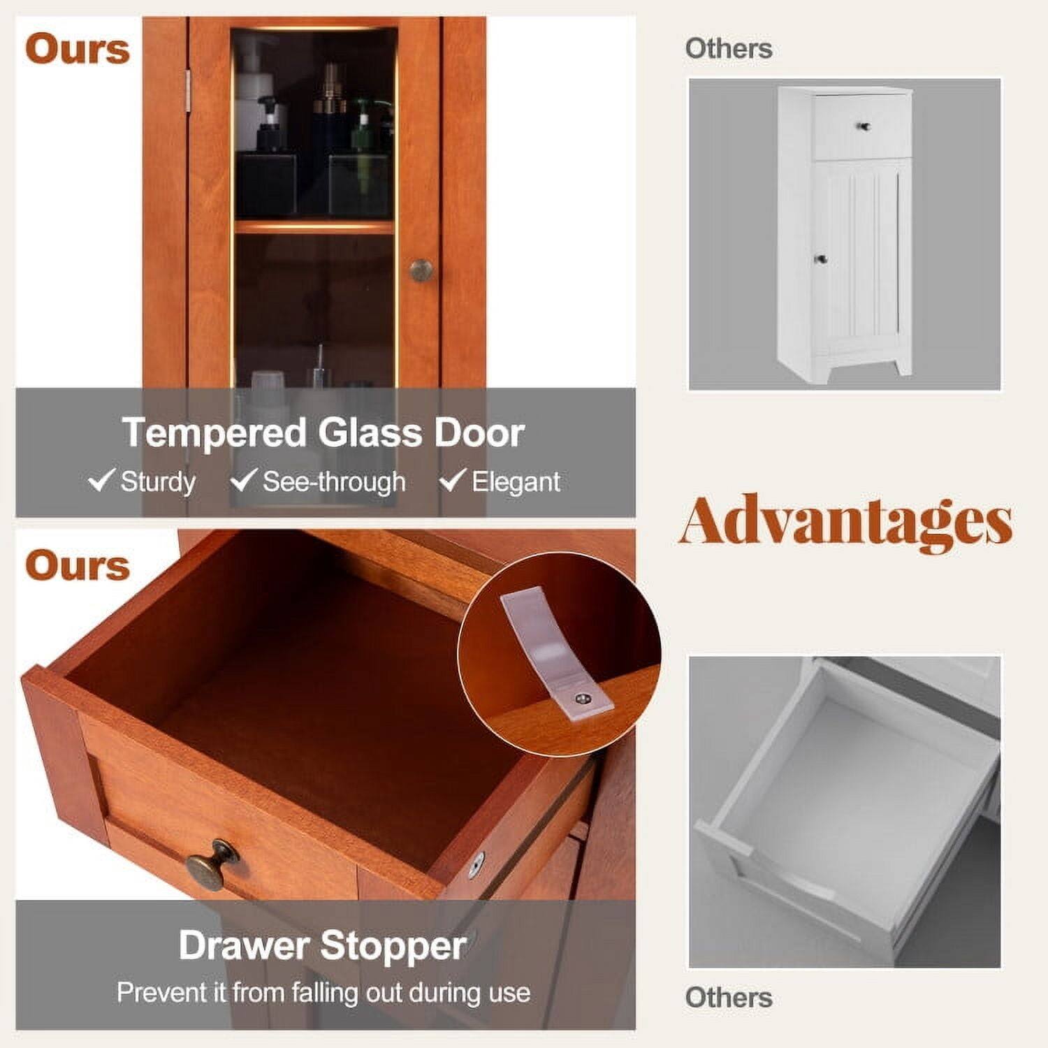Ours

Tempered Glass Door
- Sturdy
- See-through
- Elegant

Drawer Stopper
- Prevent it from falling out during use

Others

Advantages