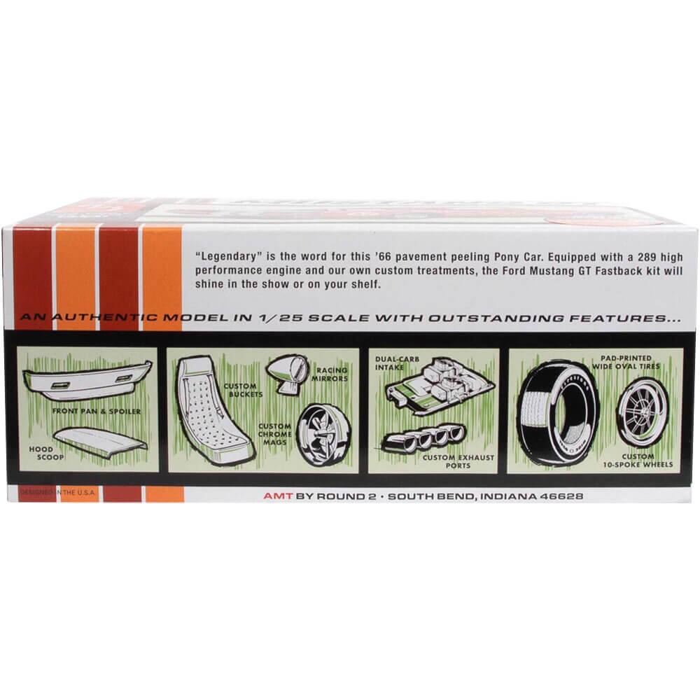 "Legendary" is the word for this '66 pavement peeling Pony Car. Equipped with a 289 high performance engine and our own custom treatments, the Ford Mustang GT Fastback kit will shine in the show or on your shelf.

AN AUTHENTIC MODEL IN 1/25 SCALE WITH OUTSTANDING FEATURES...

- FRONT PAN & SPOILER
- HOOD SCOOP
- CUSTOM BUCKETS
- RACING MIRRORS
- DUAL-CARB INTAKE
- CUSTOM EXHAUST PORTS
- PAD-PRINTED WIDE OVAL TIRES
- CUSTOM CHROME MAGS
- CUSTOM 10-SPOKE WHEELS

AMT BY ROUND 2 • SOUTH BEND, INDIANA 46628