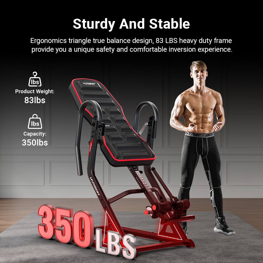 Sturdy And Stable

Ergonomics triangle true balance design, 83 LBS heavy duty frame provide you a unique safety and comfortable inversion experience.

Product Weight: 83lbs

Capacity: 350lbs

350 LBS