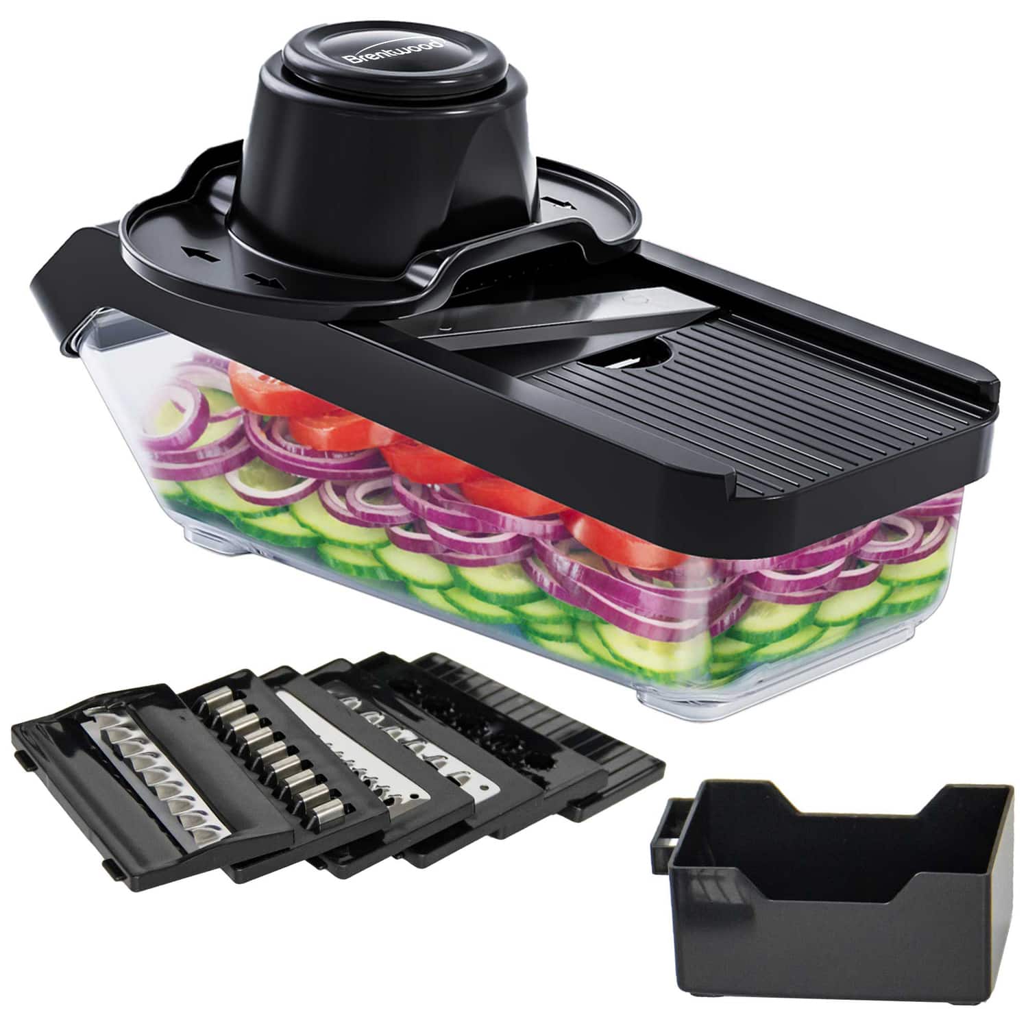 Brentwood - Mandoline Slicer And Cheese Grater With 3.6-cup Storage Container And 6 Interchangeable Stainless Steel Blades - Black