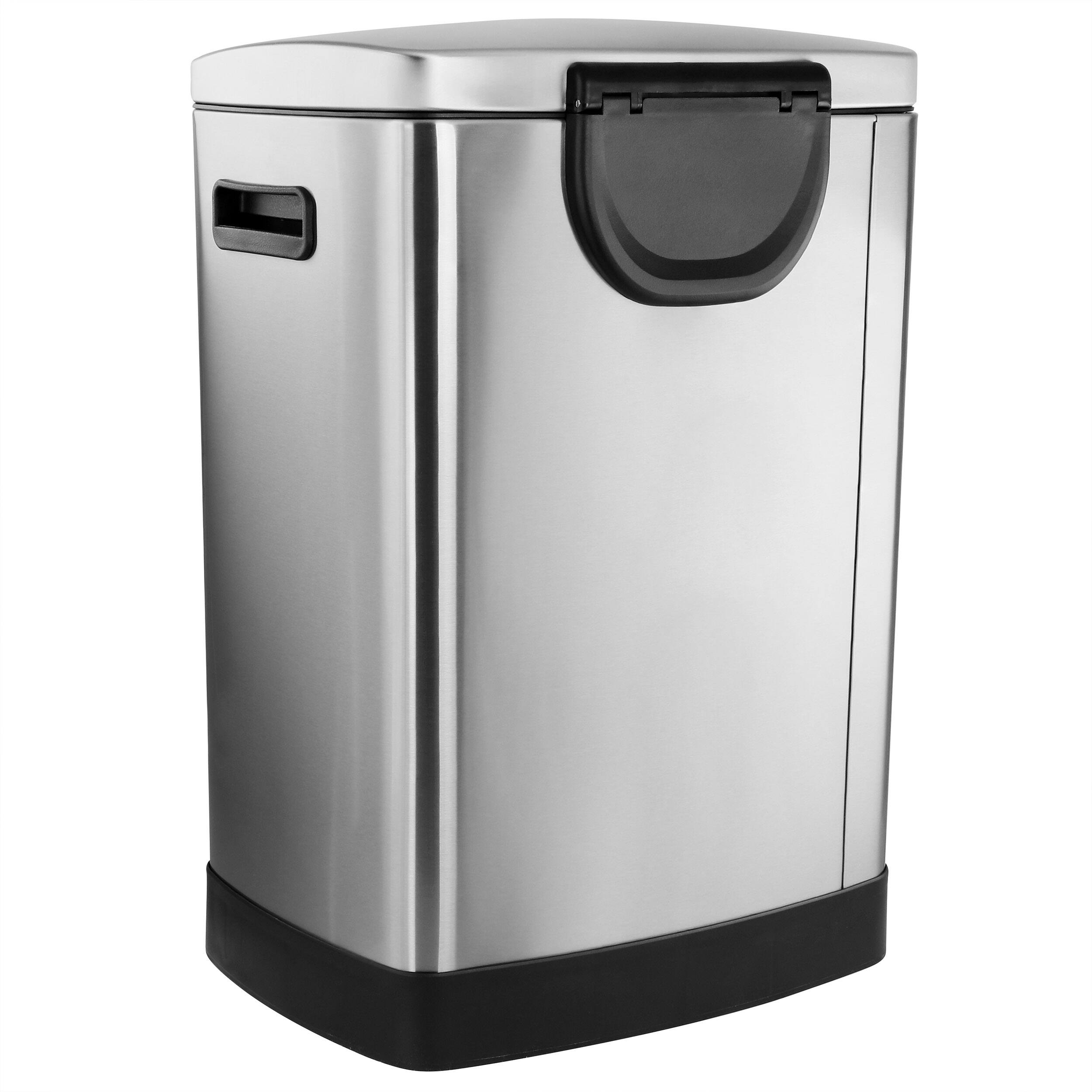 Angle. Elama - Elama 2 Compartment Large 10.6 Gallon Split Stainless Steel Step Trash Bin with Slow Close Mechanism - Silver.