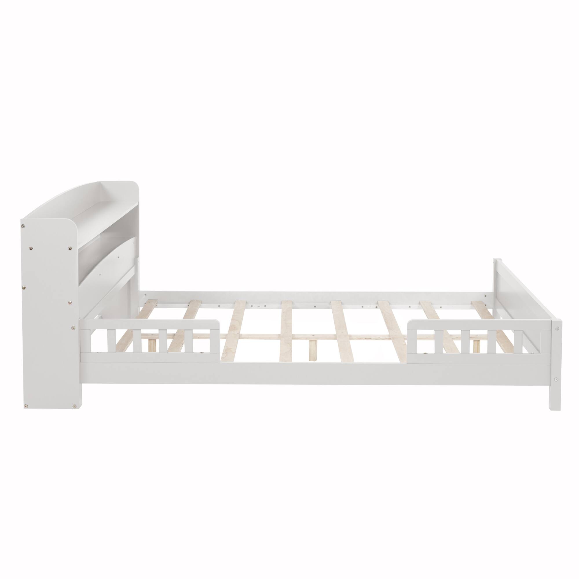 Back. GOODSILO - Full Size Wooden Bed with Integrated Bookshelf Headboard and LED Motion Sensor Lighting System - White.