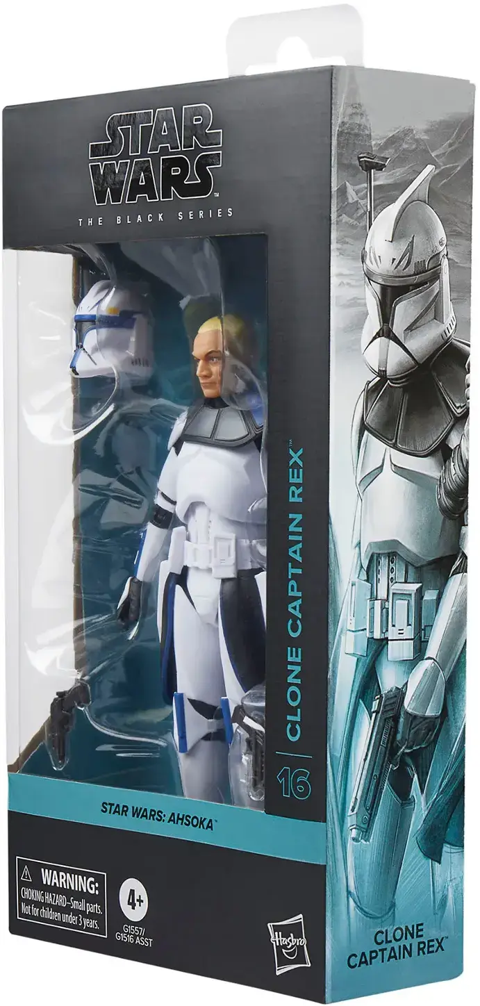 The image features a Star Wars action figure set, which includes a Clone Rex and Captain Clone. The set is packaged in a box, and the figures are displayed in their respective positions. The packaging also includes a choking warning, indicating that the small parts in the set are not suitable for children under the age of 3. The set is manufactured by Hasbro, and the action figures are part of the Star Wars Black Series.