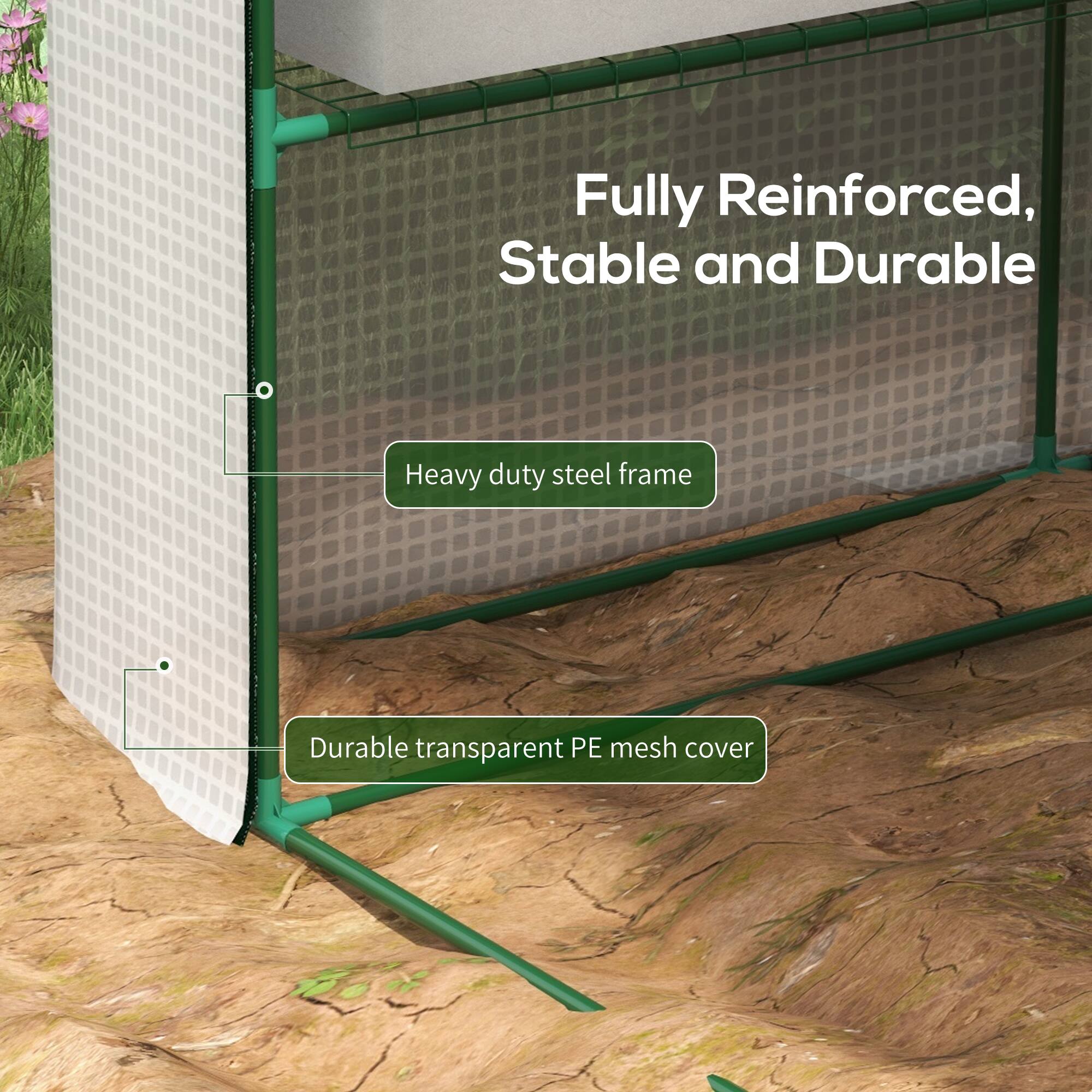 Fully Reinforced, Stable and Durable
Heavy duty steel frame
Durable transparent PE mesh cover