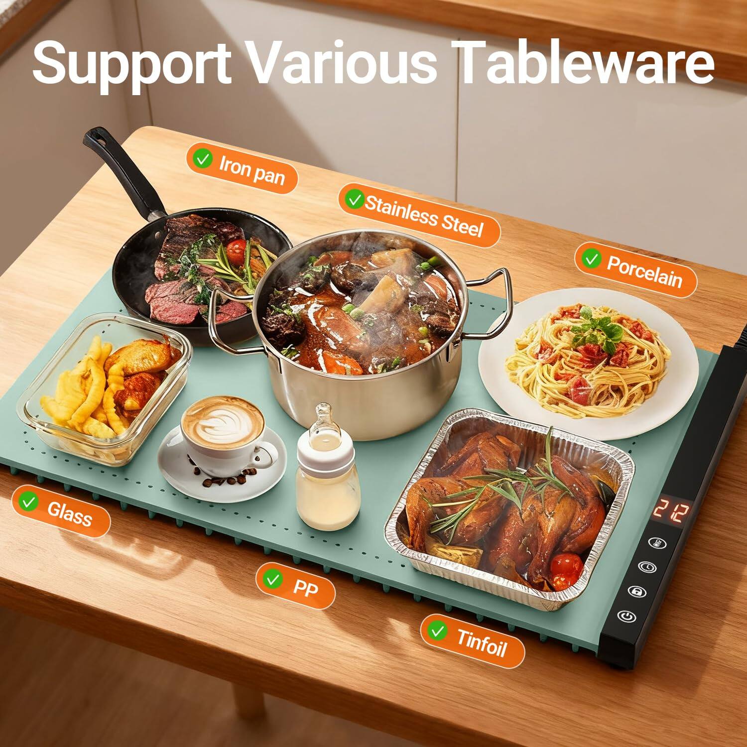 Support Various Tableware

- Iron pan
- Stainless Steel
- Porcelain
- Glass
- PP
- Tinfoil